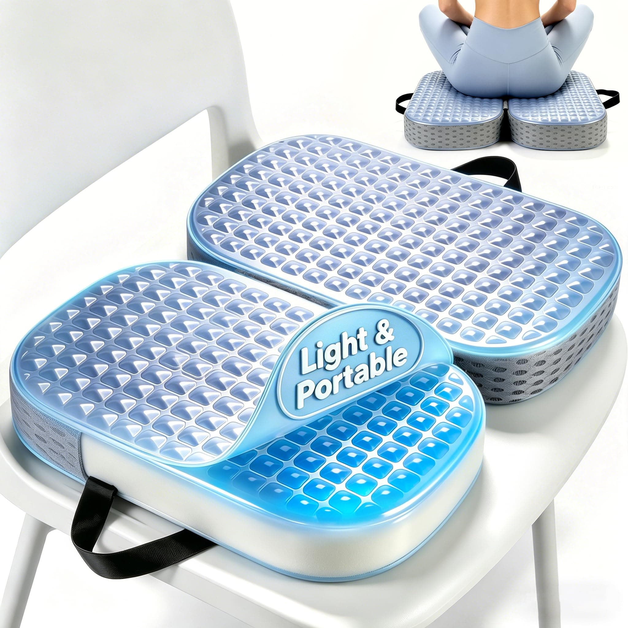 Gel Enhanced Memory Foam Seat Cushion Foldable Gel Cushion Large Office Chair Cushion for Long Sitting Ergonomic Tailbone Pillow Pain Relief Car Seat Cushion Travel Cushion for Airplane Stadium