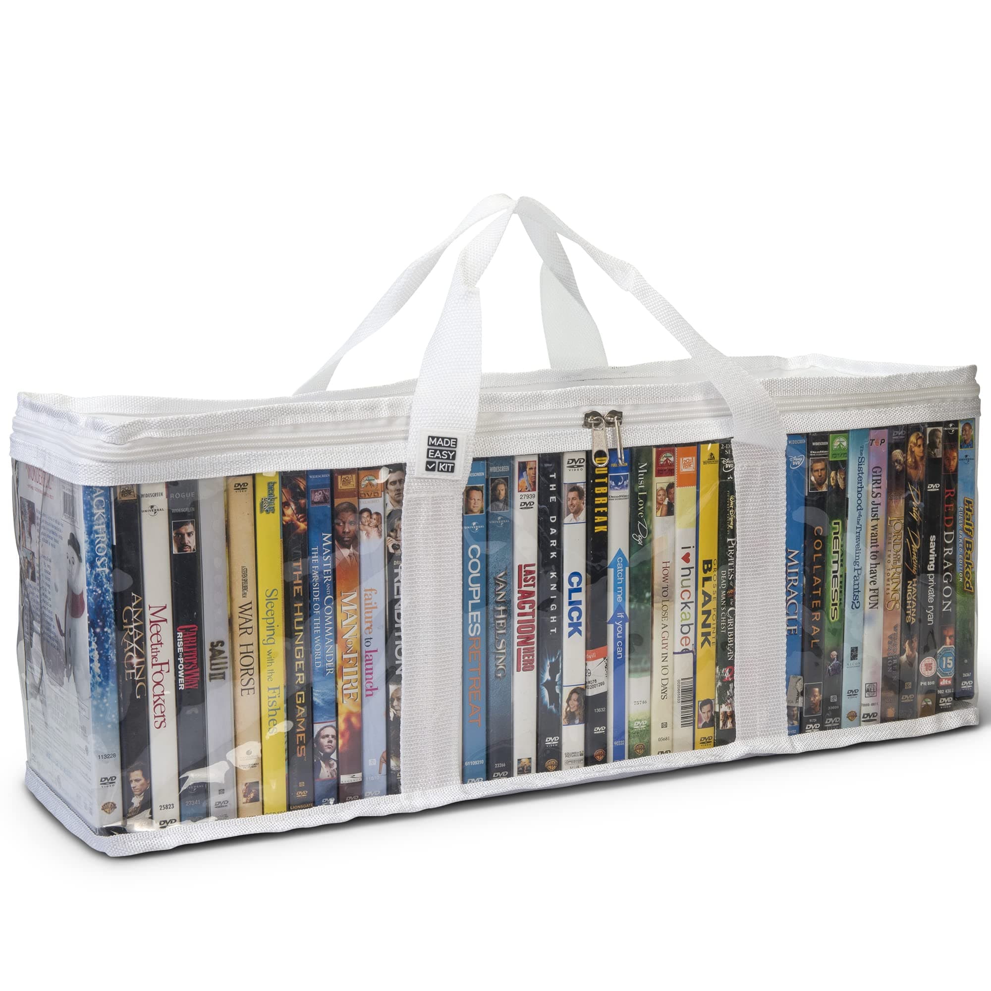 Made Easy Kit DVD Storage Bag - Clear PVC Organizer,Triple-Stitched Handles, Dividers - Stackable, Space-Saving, Fits 40 DVD Cases - Container for Movie Discs, Video Games, VHS Tapes (White)