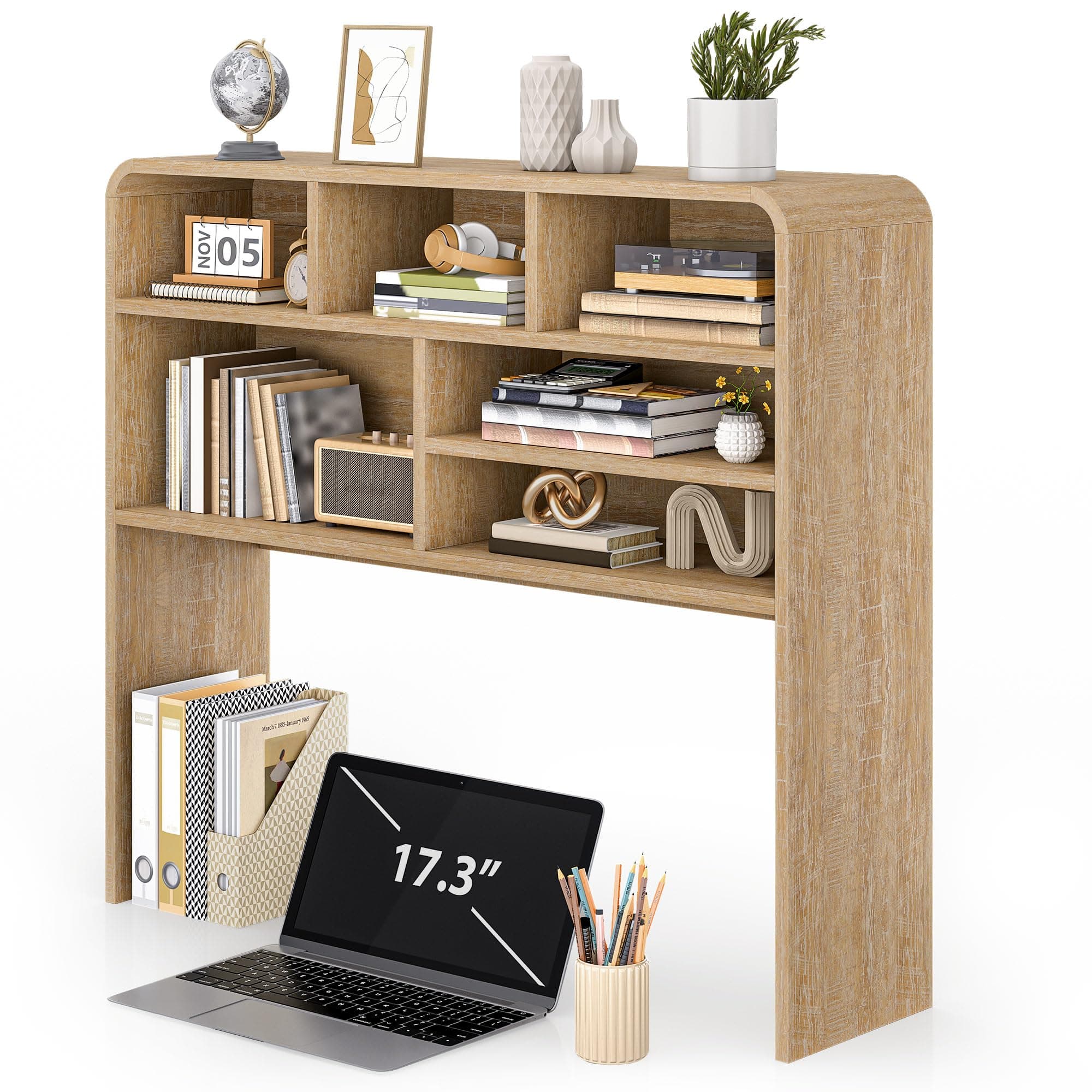 Homiflex Desktop Bookshelf, Desk Hutch with Shelves, 4-Tier Desk Top Organizer Shelf for Computer Desk, Wooden Tabletop Bookshelf for Dorm Office Home, Natural