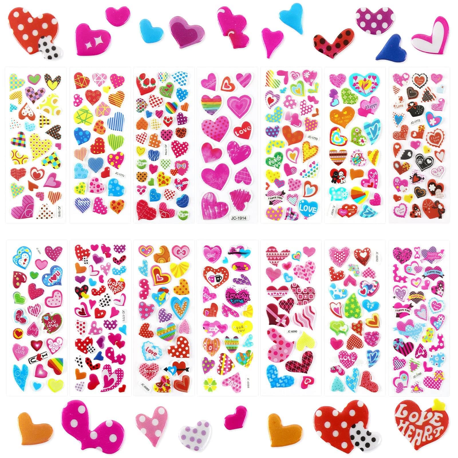 UPINS Kids Valentines Stickers - Over 500pcs Heart Stickers for Kids, Cute Puffy 3D Stickers for Valentine Day Crafts & Party Games