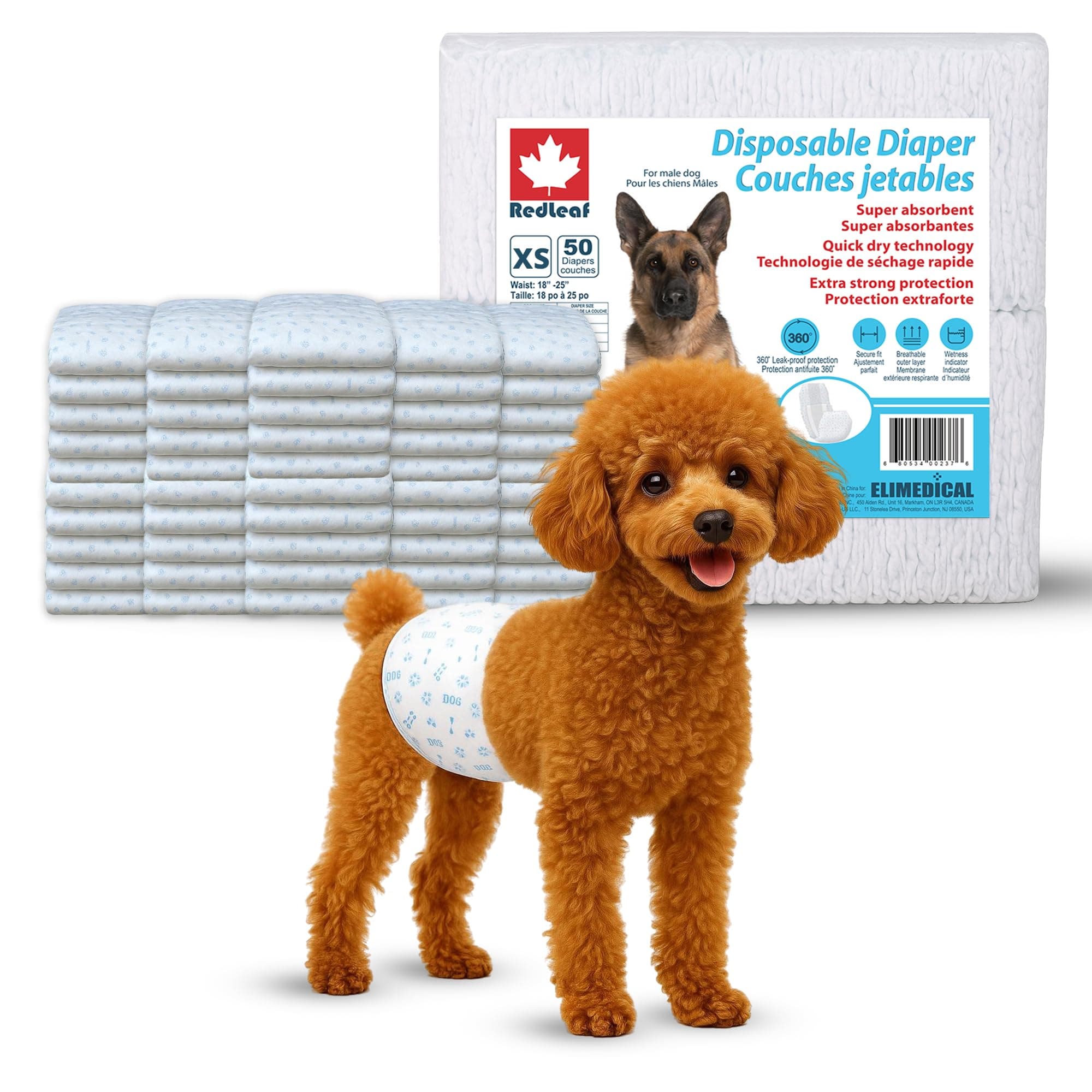 UPDATED 2026 Elimedical Redleaf Disposable Dog Diapers Male | Extra Small (50 Count) | Male Dog Diapers for Incontinence, Marking, Potty Training | Wetness Indicator, Breathable, Secure Fit Belly Band