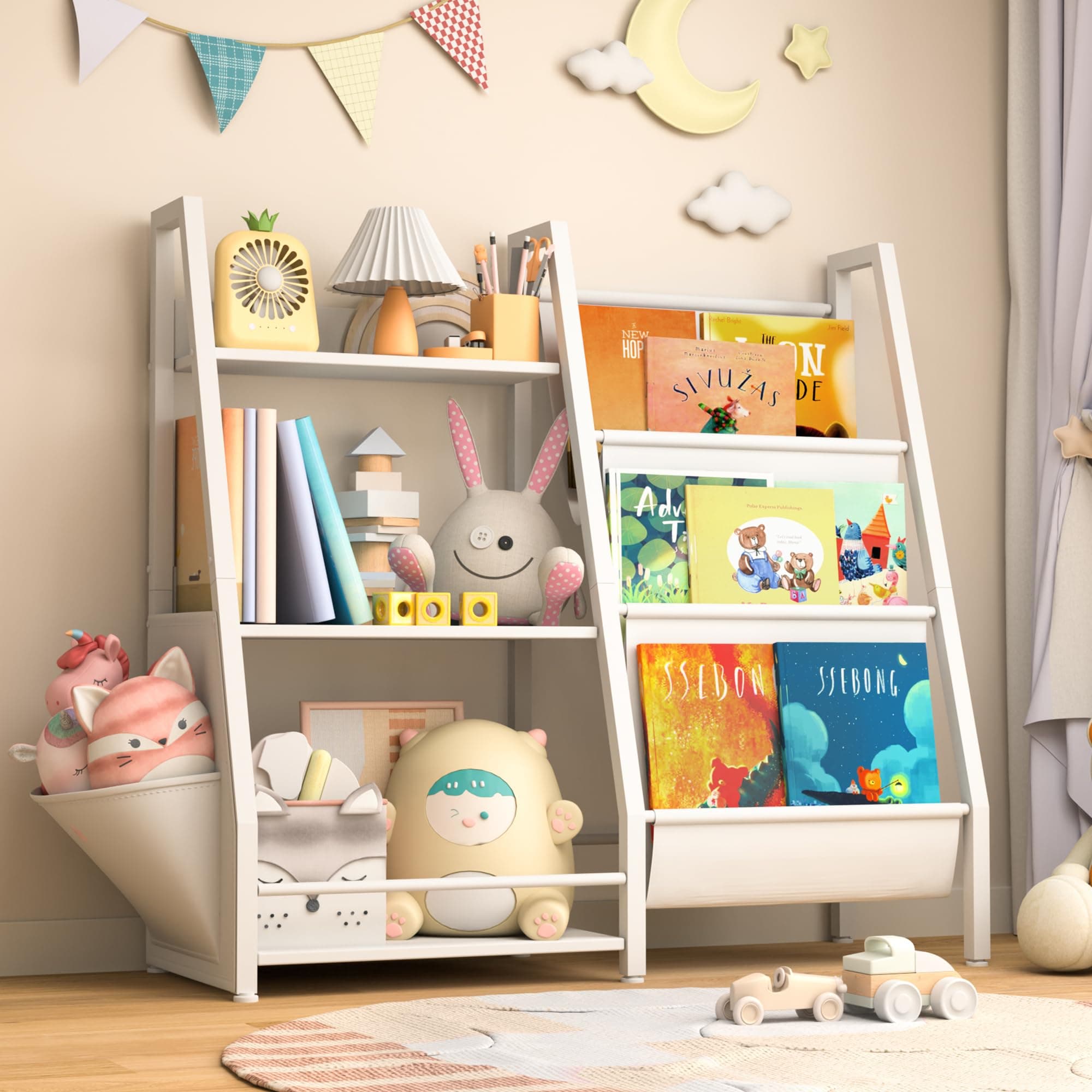 InFurnic Kids Bookshelf with Extra Pocket, 3 Tier Toddler Bookshelf and Toy Storage Organizer for Kids' Rooms, Bedrooms, Playrooms and Nurseries, White
