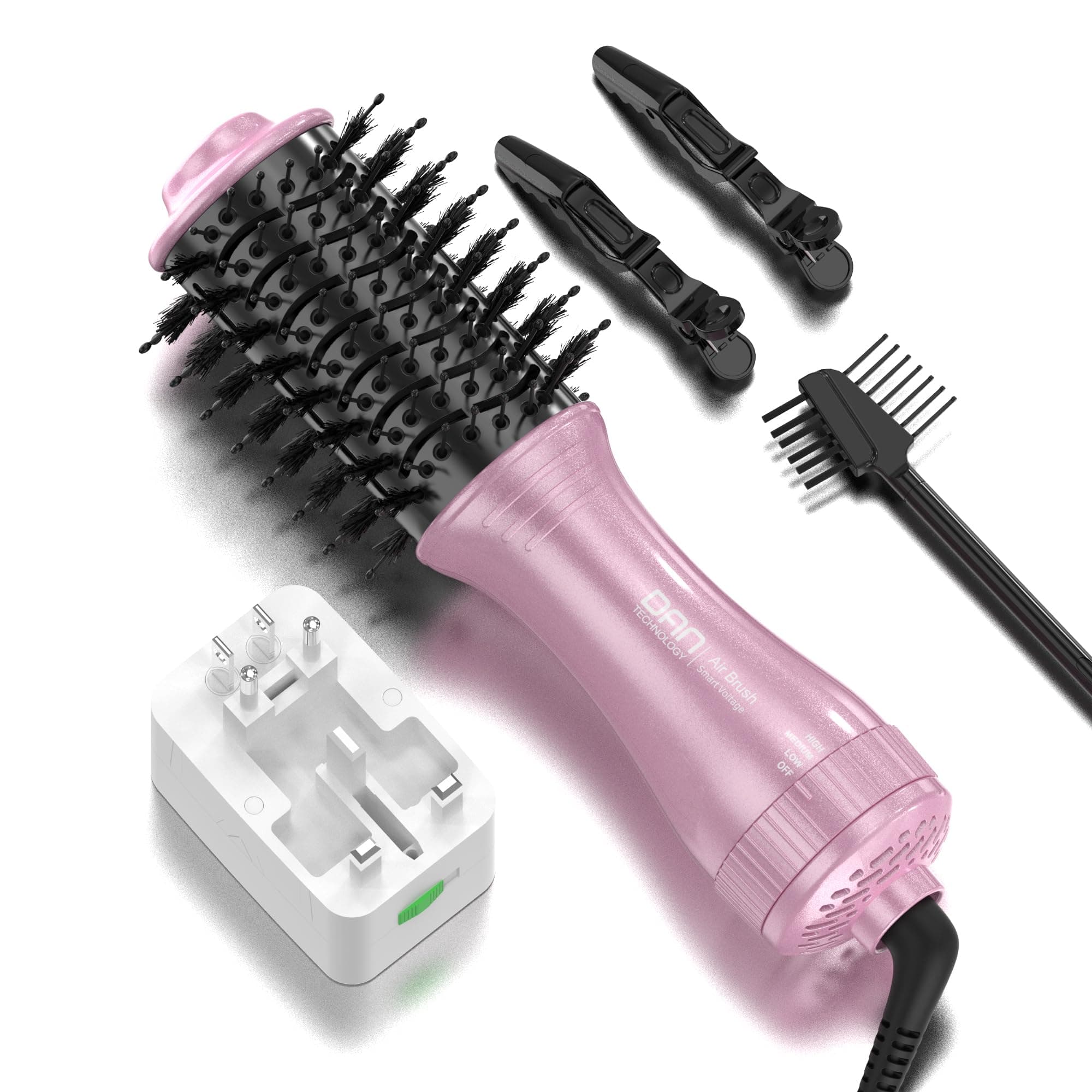 DAN Auto Dual Voltage hair dryer brush(100V-240V),Travel Hair Dryer Brush with Multi-function plug adapter,One Step Blow Dryer Brush and Styler Volumizer