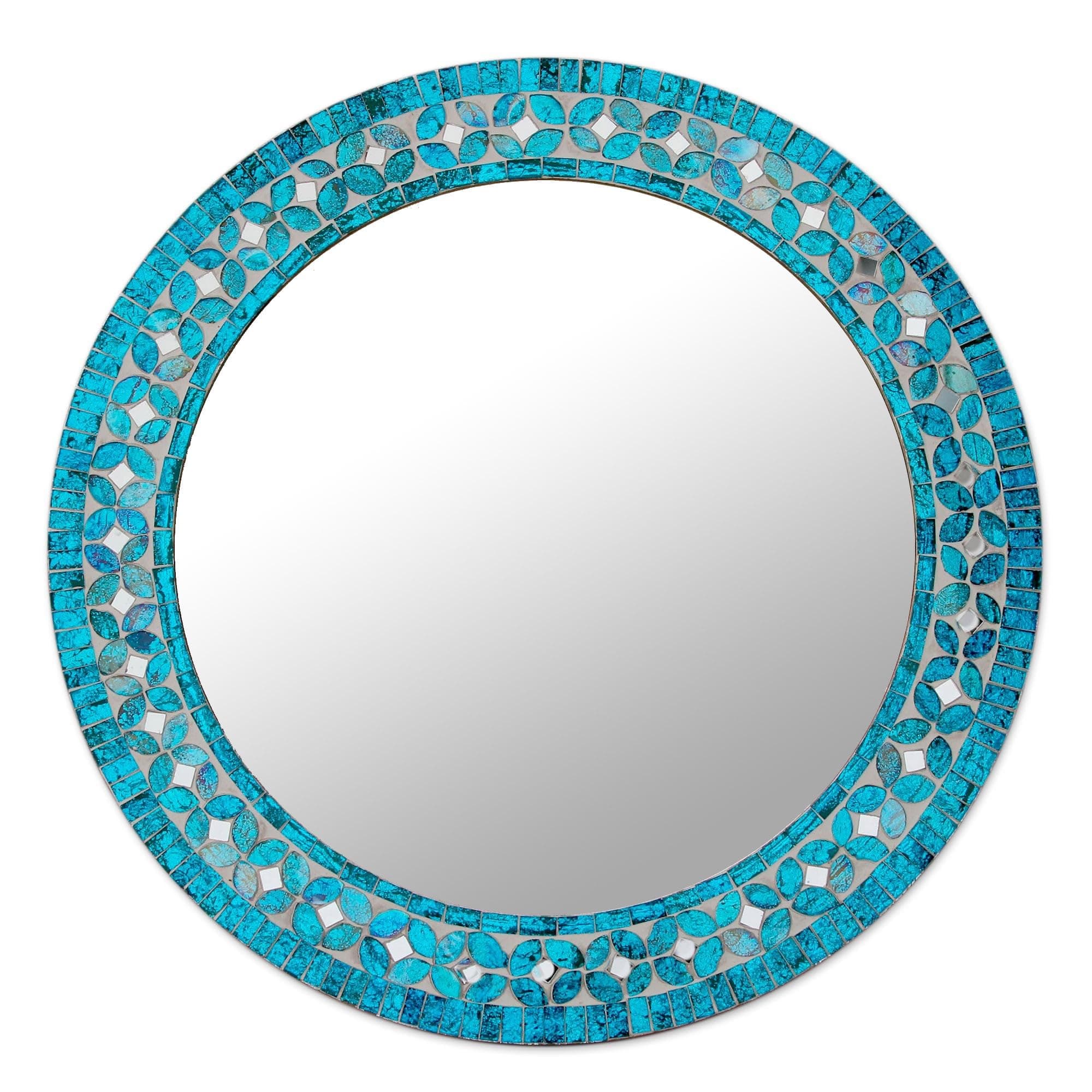NOVICA Turquoise Blossom Glass Mosaic Wall Mirror