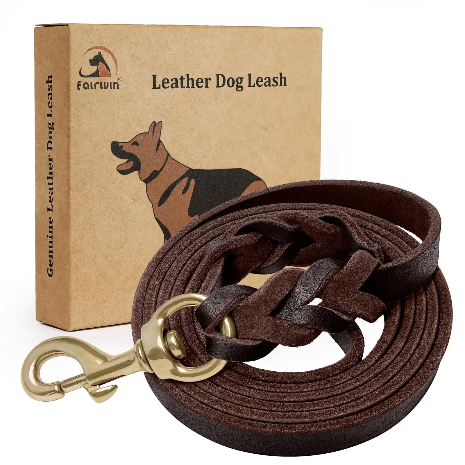 FAIRWIN Leather Dog Leash Lead Genuine 6ft Large Braided Soft Training with Brass Buckle Laisse Cuir Chien Heavy Duty Leashes for Big Medium Small Walking