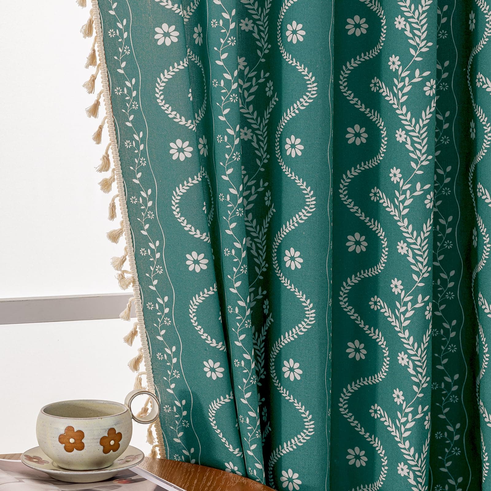 TIVNICO Boho Curtains 72 Inch Long for Living Room, Bedroom, 2 Panels Floral Farmhouse Vintage Tassel Semi Sheer Light Filtering Privacy Window Curtain Drapes with Rod Pocket