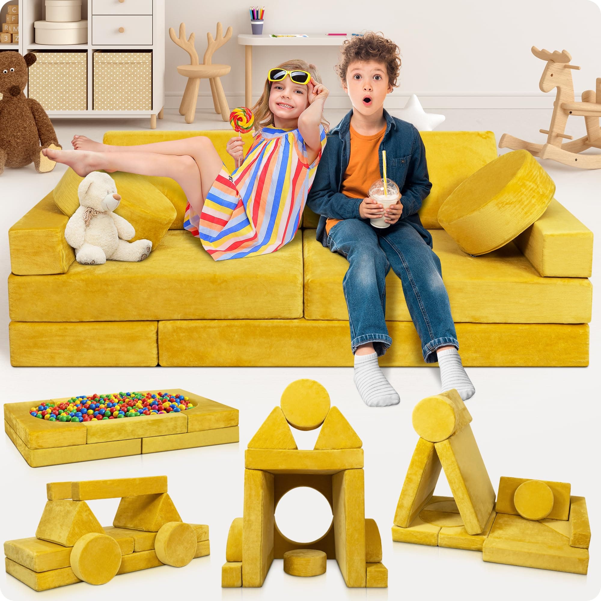 Lunix LX15 14pcs Modular Kids Play Couch, Child Sectional Sofa, Fortplay Bedroom and Playroom Furniture for Toddlers, Convertible Foam and Floor Cushion for Boys and Girls, Yellow