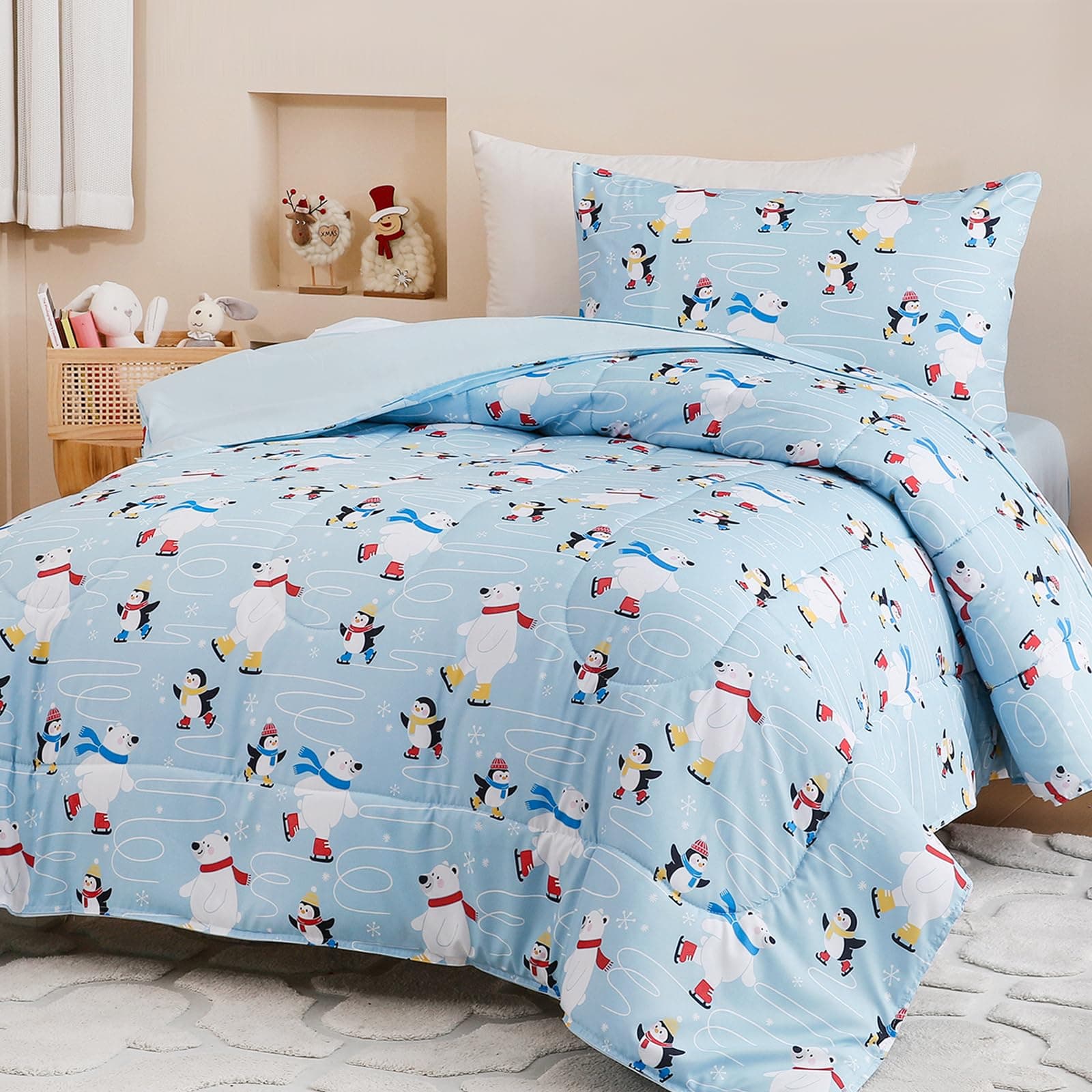 Homilay Toddler Comforter Set for Kids,Toddler,Boys,Girls, 4 Pieces Bed-in-a-Bag Bedding Set, All Season Soft Sheet Set with Bedspread Blanket Quilt, Penguin Skiing