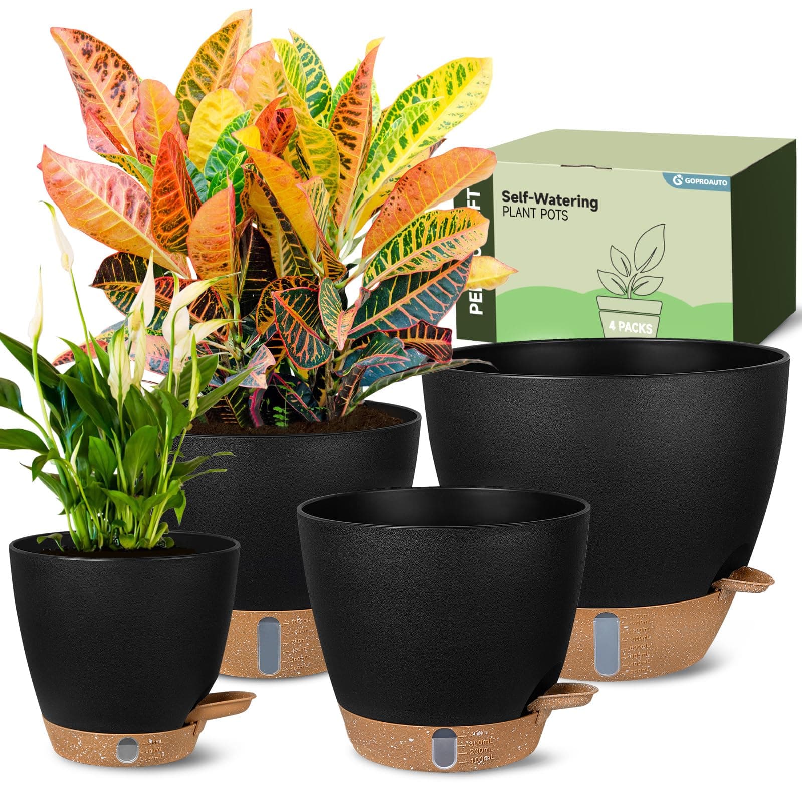 Self-Watering Pots for Indoor Plants 4 Pack, 6/8/10/12 Inch Outdoor Planters with Water Level Indicator&Deep Reservoir, Decorative Flower Pots for Indoor Plants,Home Decor (Black, 12+10+8+6 inch)