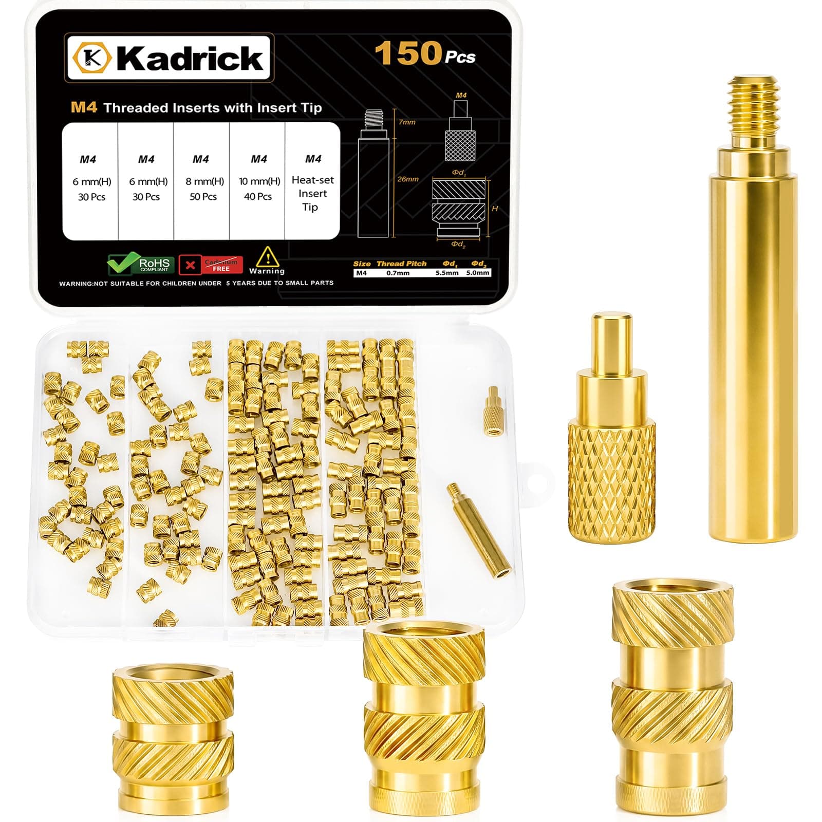 KADRICK 150PCS M4 Heat Set Inserts Kit,M4*(6/8/10mm)*5.5mm with Insert Tip