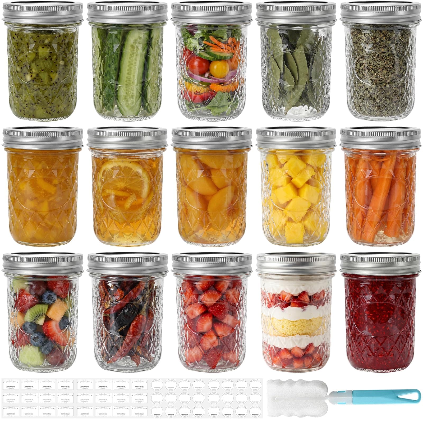 DHSBTLS 8 oz Clear Glass Mason Jars with Silver Split Metal Lids, 15 Pack