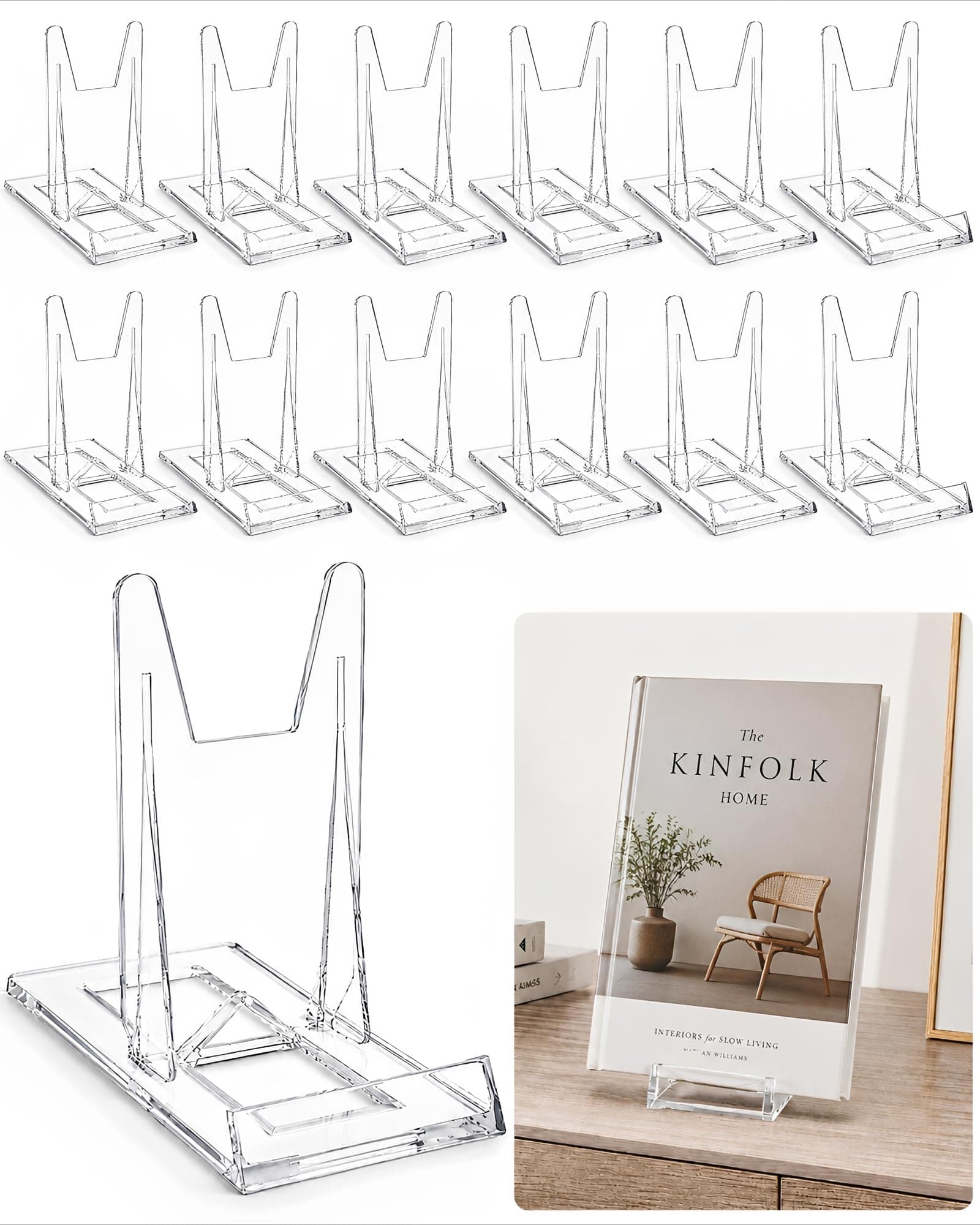 12 Pack Book Display Stand - Clear Adjustable Book Acrylic Holder, Easel Stands for Comic Books, Albums, CDs, Magazines, Photos, Home Office Shelf Decor