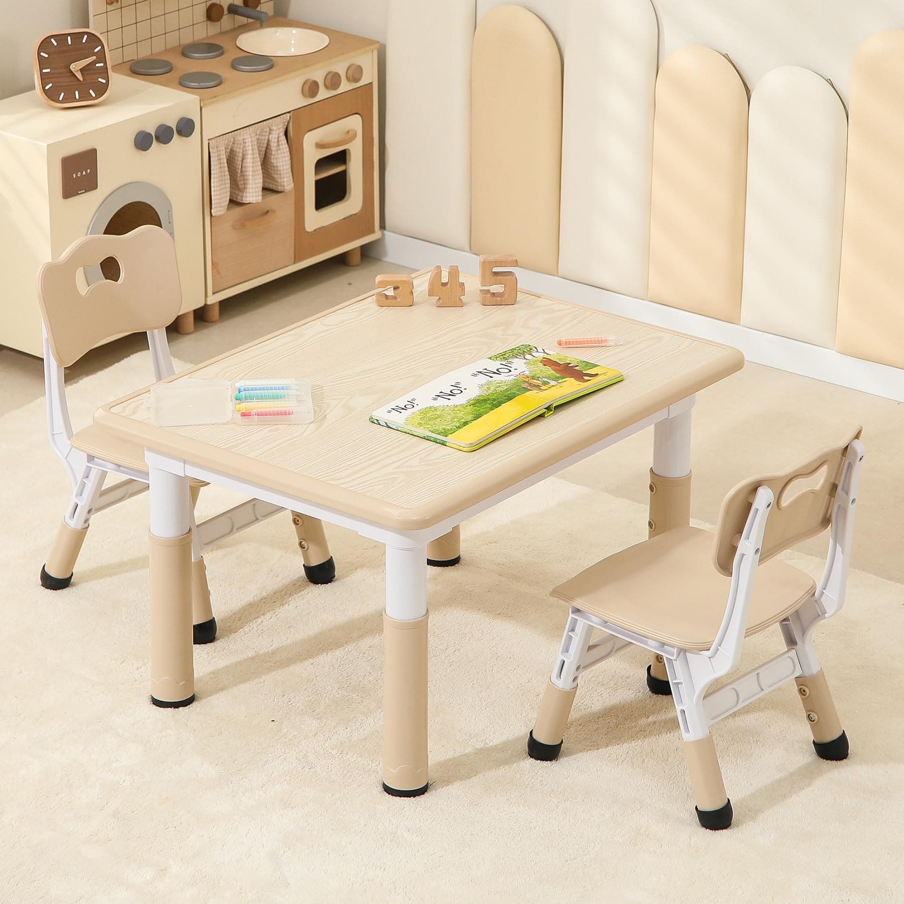 Hulaibit Toddler Table and 2 Chairs, Height-Adjustable Kids Table and Chairs Set, 31.5''L x 23.6''W Children Activity Table for Boys and Girls Aged 3-8
