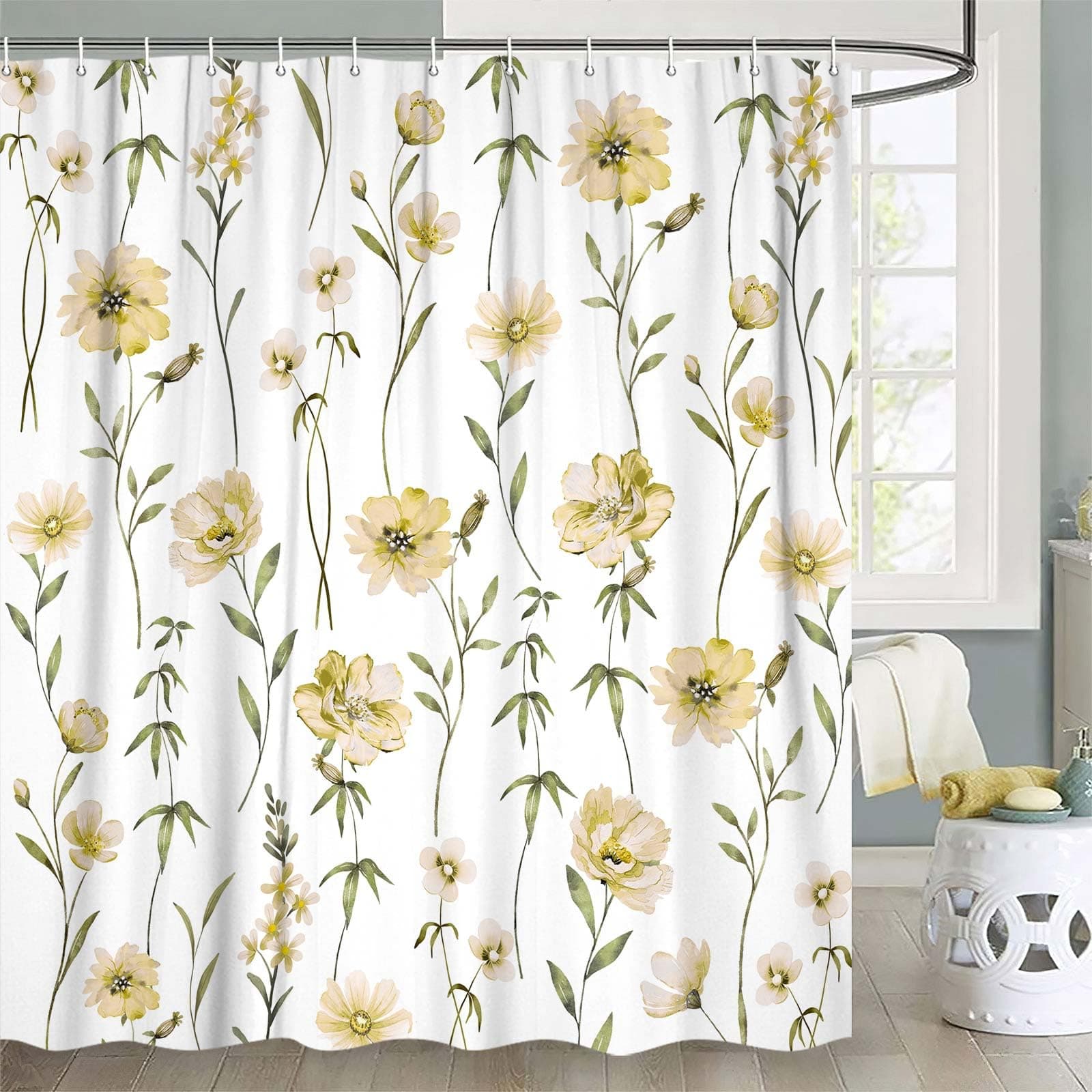 Xguatan Watercolor Floral Shower Curtain, Yellow Flower Shower Curtain for Bathroom, Wildflower Plant Modern Minimalist White Waterproof Polyester Fabric Bath Curtains with 12 Hooks, 72x72 Inch