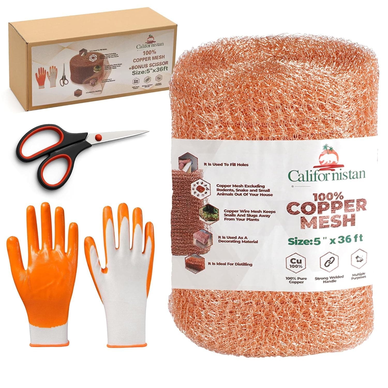 Copper Mesh Roll for Rodent Control, 5 in x 36 ft, Scissors and Gloves