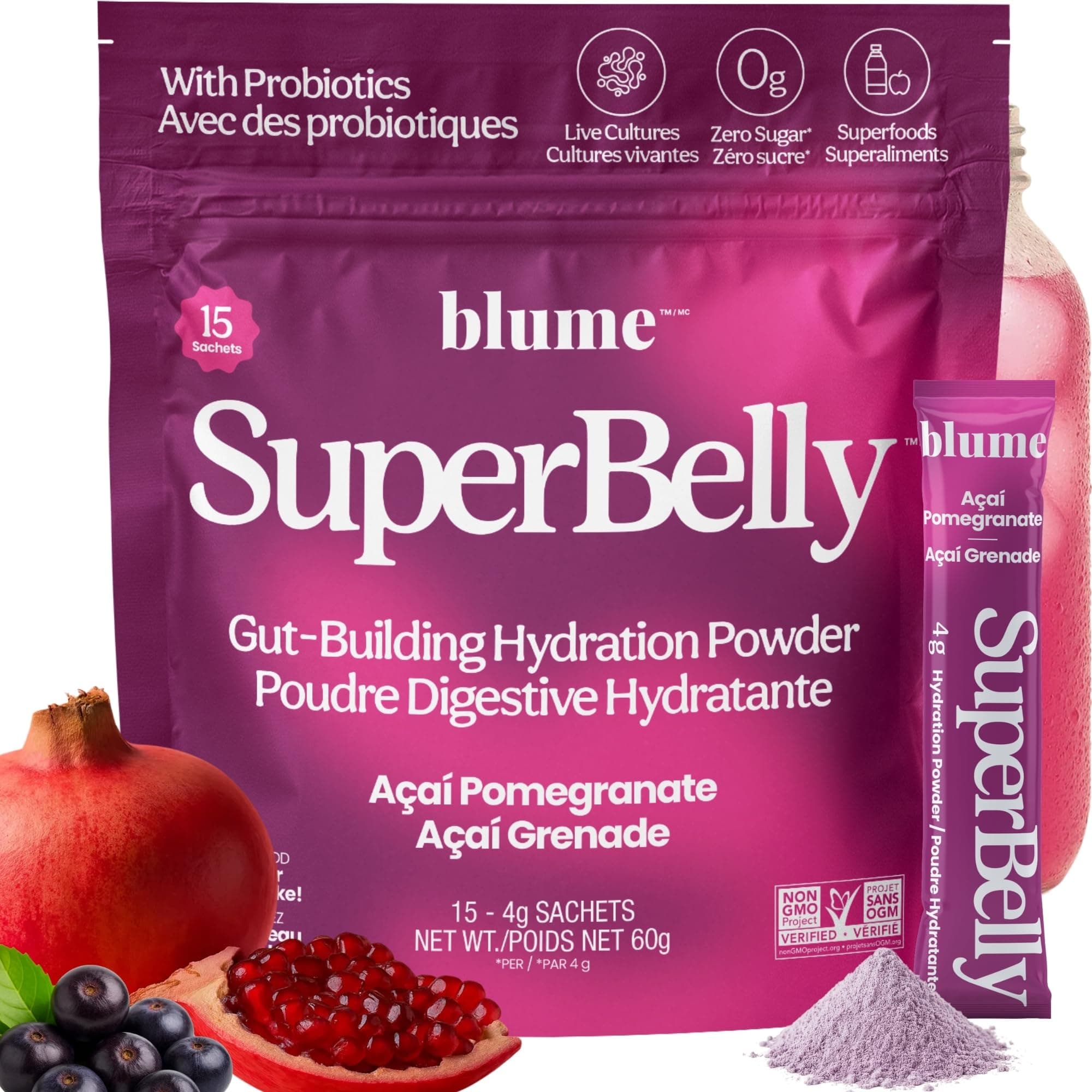 Blume SuperBelly Acai Pomegranate, Gut Health + Hydration, 15 sachets