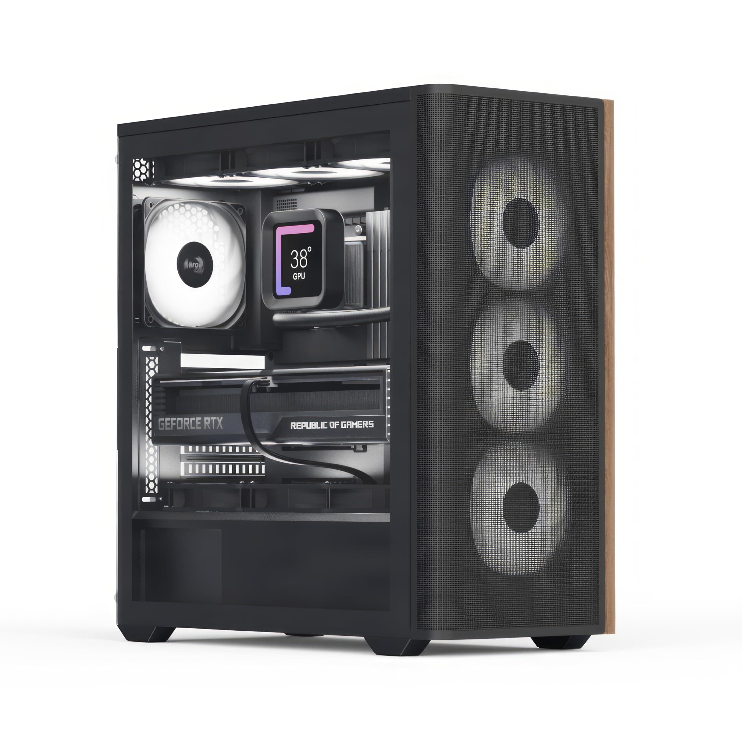 AeroCool D501A Mid Tower Case, Wood-Accented Mesh Front, 360mm Radiator Support, 11 Fan Slots, 400mm GPU, ATX/m-ATX/mini-ITX, Magnetic Dust Filters, SPCC Steel Construction, Trendy PC Build, Black