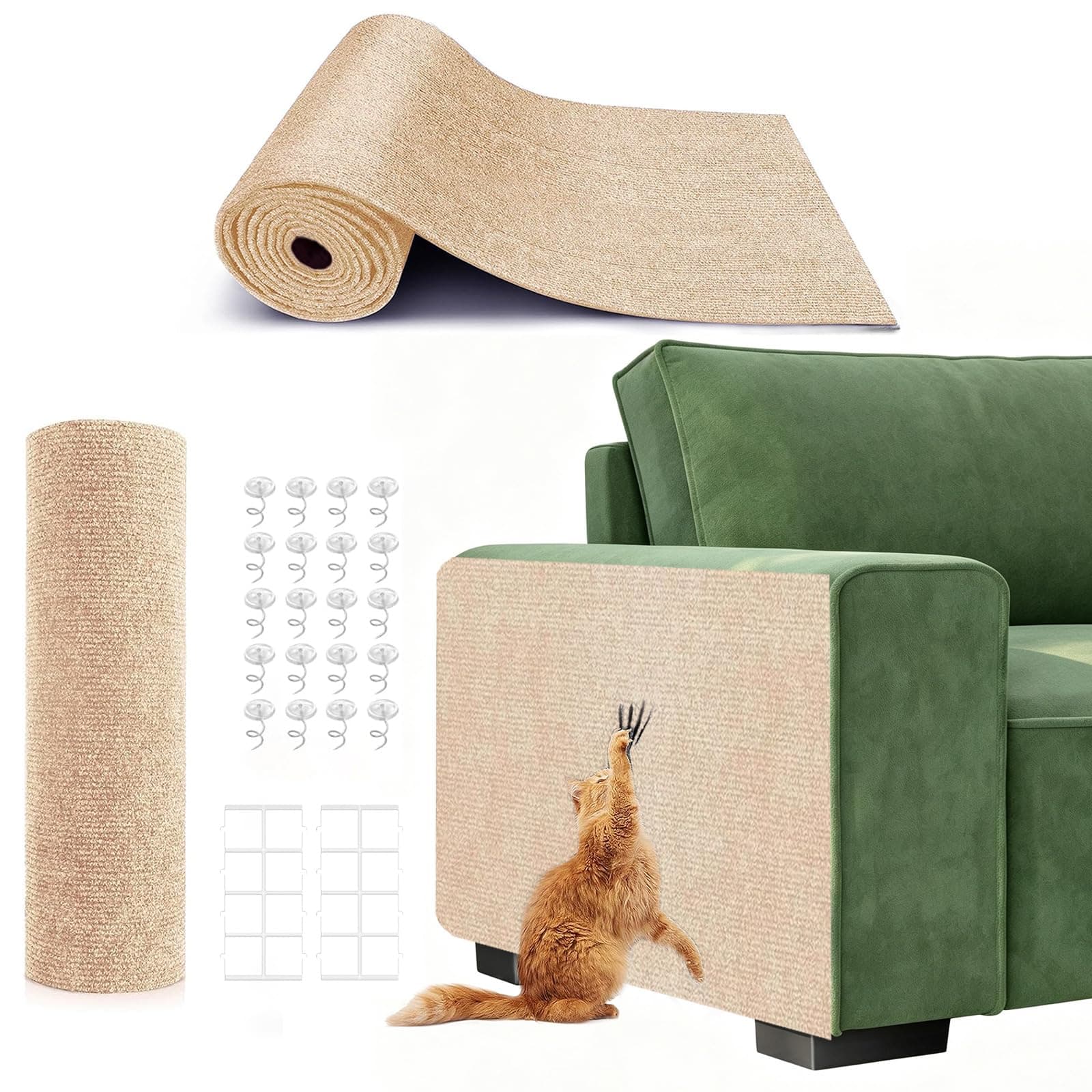 78.7"X15.8" Self-Adhesive Cat Scratching Mat - Durable Couch Protector from Cat Claws, DIY Furniture Protector from Cats Scratching, Sticky cat Scratch Wall mat- No Residue, Safe for Cats (Beige)