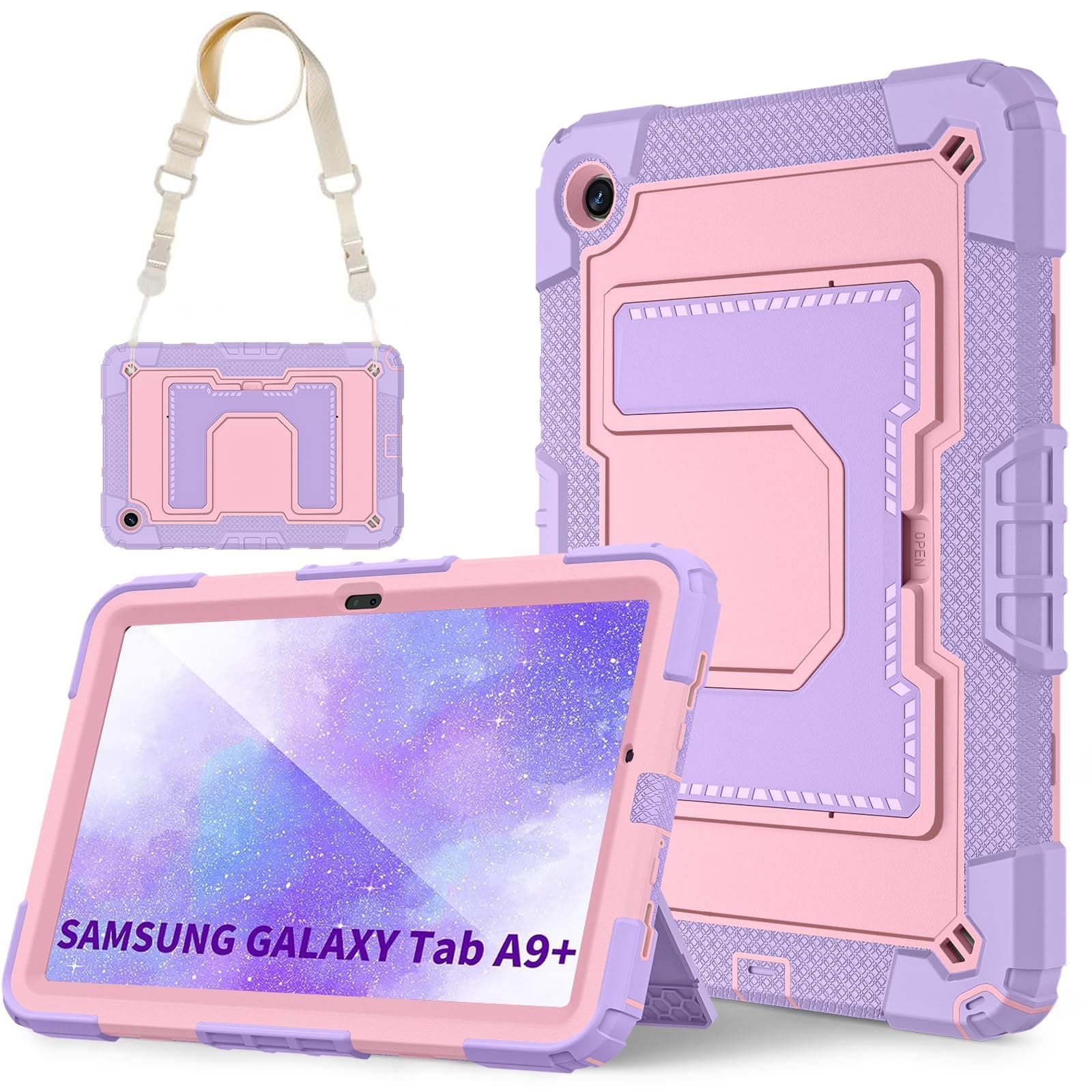 DreamerX for Galaxy Tab A9 Plus 5G Cute Case, Heavy Duty Silicone Drop Protection Kids Girly Cover with Stand Strap for Galaxy Tablet A9+/A9 Plus 11" 2023 (SM-X210//X215/X216/X218), Rose Gold Purple