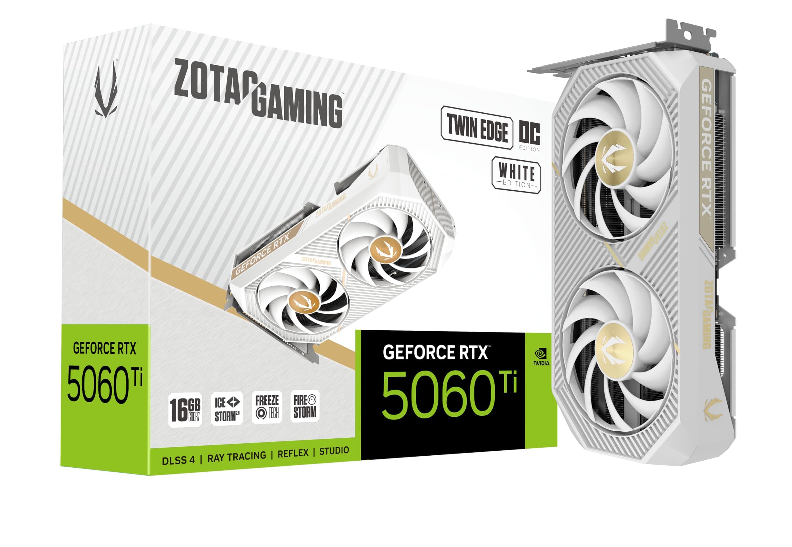 ZOTAC Gaming GeForce RTX 5060 Ti 16GB Twin Edge OC White Edition DLSS 4 16GB GDDR7 128-bit 28 Gbps PCIE 5.0 Gaming Graphics Card, IceStorm 2.0 Cooling, SFF-Ready, ZT-B50620Q-10M