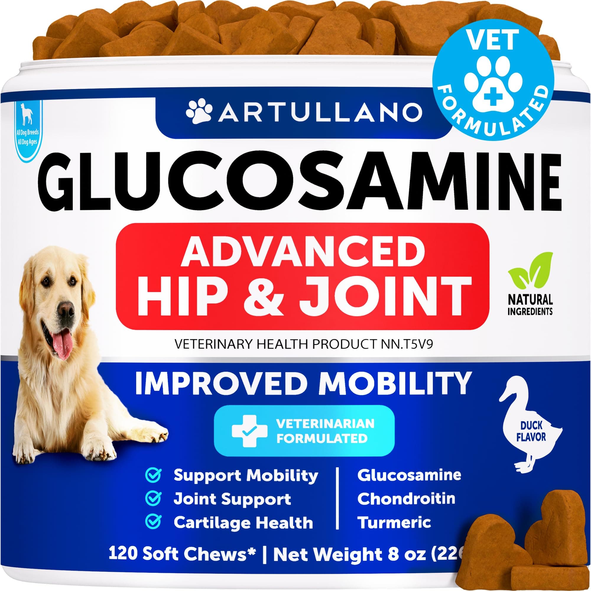 Glucosamine for Dogs - Hip and Joint Supplement for Dogs with Arthritis - Chews with Chondroitin, Hemp Oil, MSM - Canine Joint Pain Relief Health - Mobility Support for Large Breeds - 120 Soft Treats