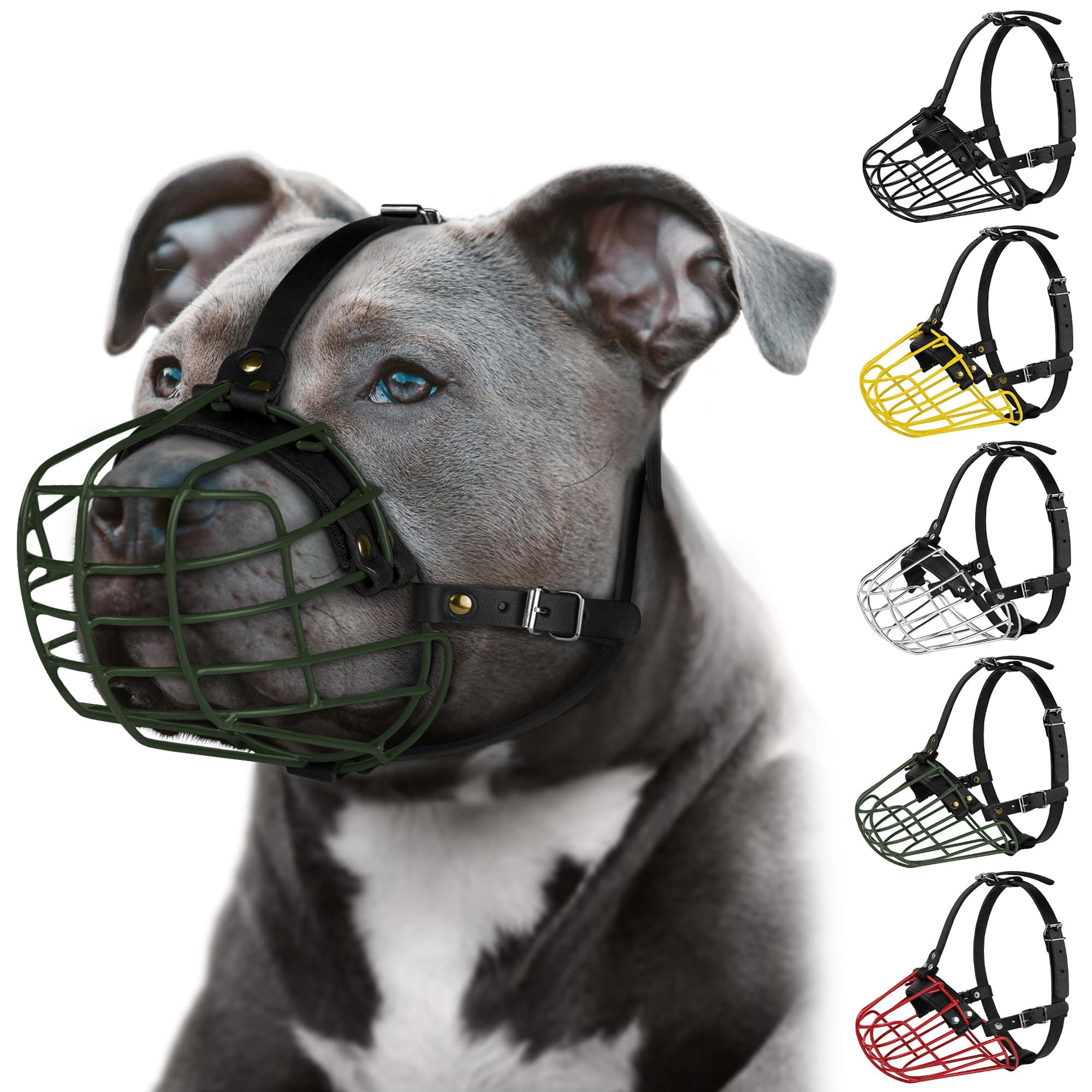 Pitbull Dog Muzzle Metal Mask Amstaff Secure Wire Basket Adjustable Durable Leather Straps for Large Dogs (Green)