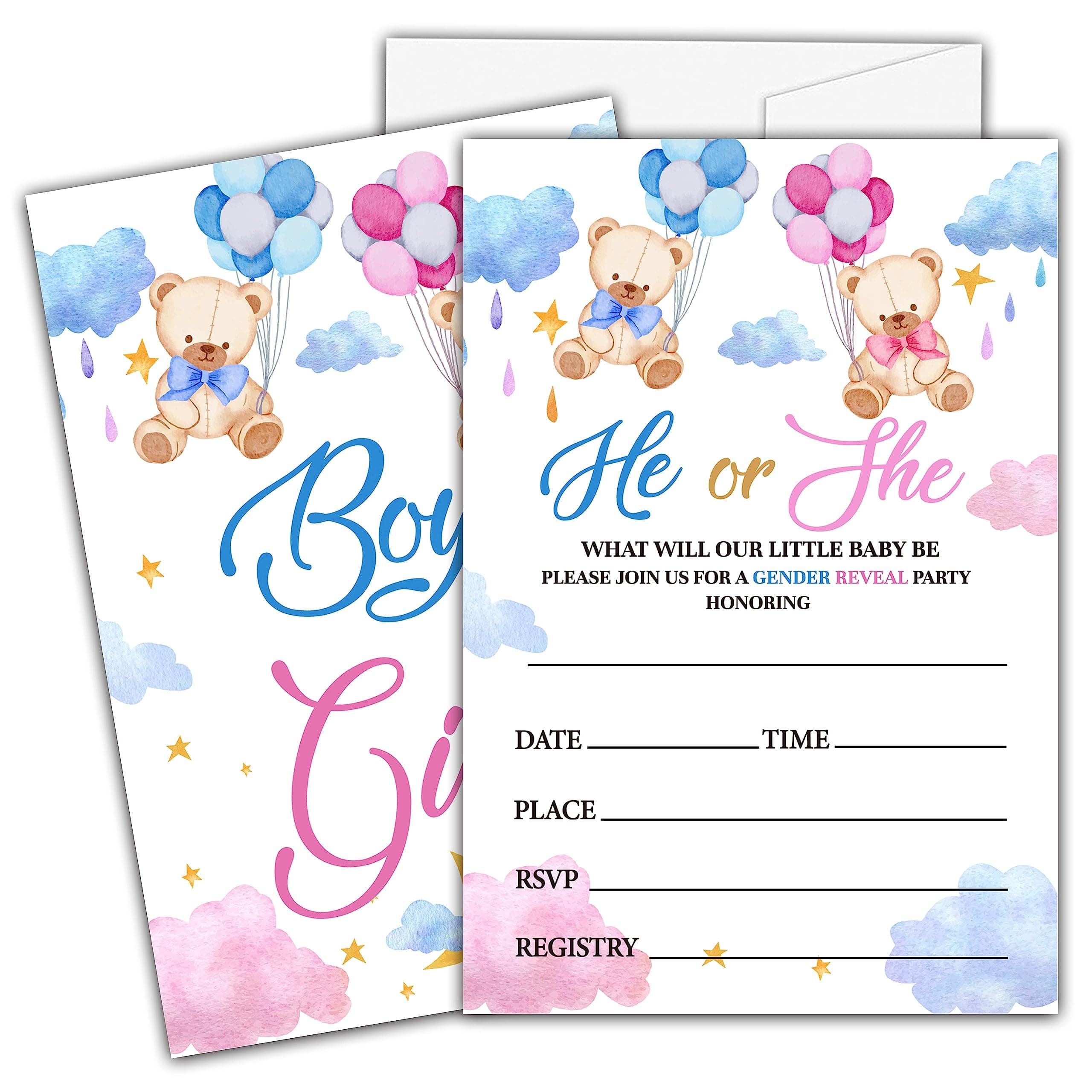 Ycyfckdr Bear Gender Reveal Invitations For Girls Boys, He Or She Baby Shower Party Invitation Cards, Gender Reveal Party Decor Supplies - 25 Fill In Invitations With Envelopes (a02)