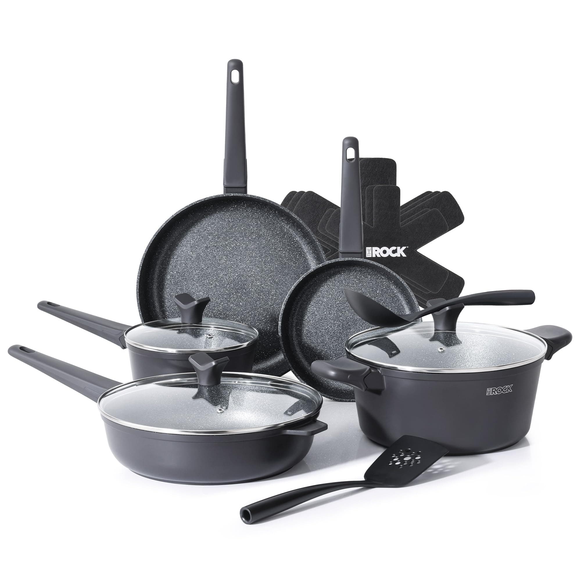 THE Rock SOHO 15Pcs Cookware Set – Pots and Pans Set Non Stick with Rock.TEC – Compact for Urban Kitchens, Nothing Sticks, Never Warps, Lasts Longer, Induction & Dishwasher Safe, Black