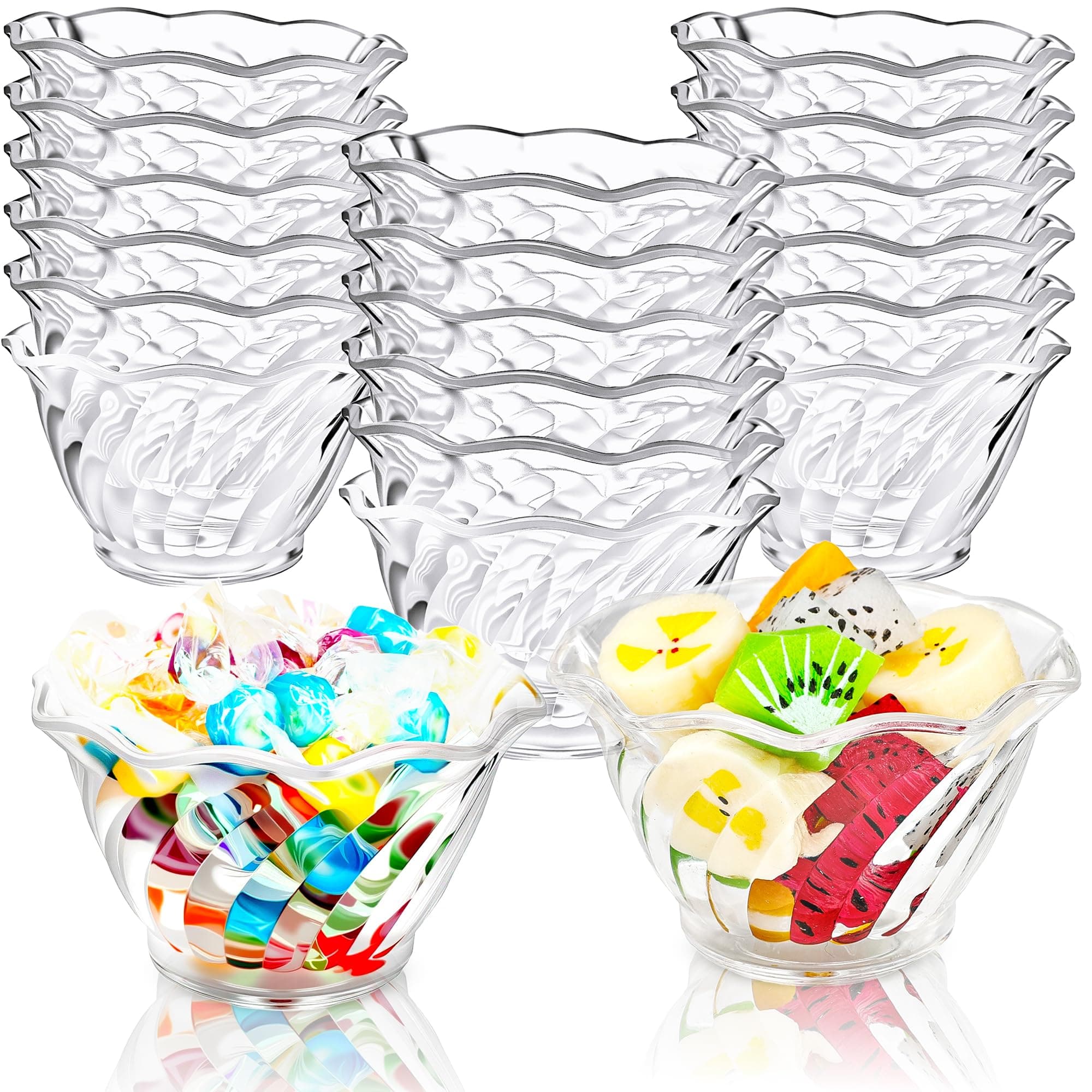 Faytark 20 Pcs Plastic Dessert Cups 6 oz Small Clear Stackable Tulip Ice Cream Bowl Sundae Tasting Bowls Round Swirl Tulip Shape Cup for Party Appetizers Buffet Yogurt Salad Candy Chocolate