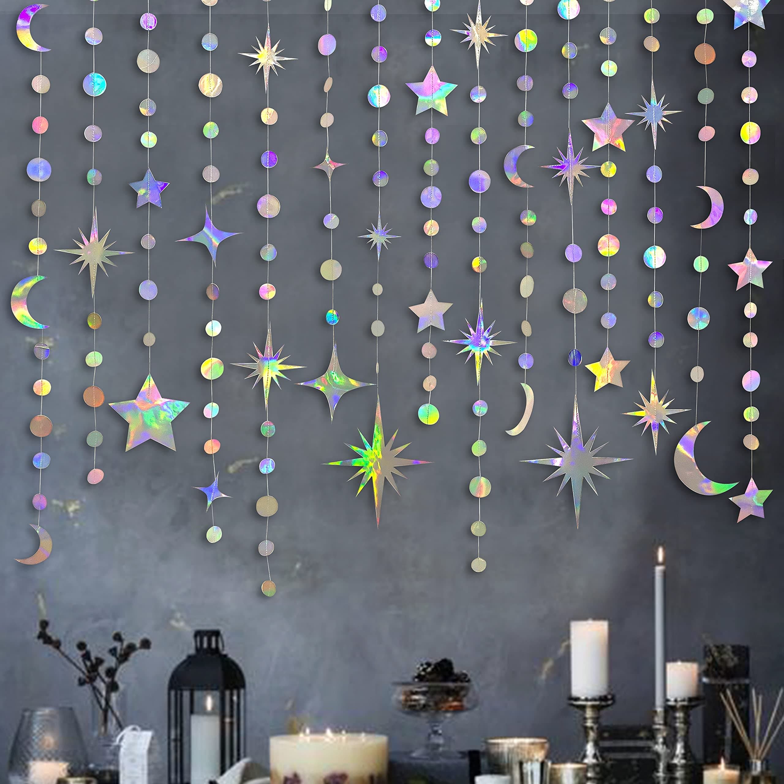 Guirlande d'étoiles, de lunes, de Cercles et de Points irisés, décoration de fête à Suspendre, bannière pour Le Premier Anniversaire des Enfants, Le Ramadan, l'Aïd, Mubarak, fête prénatale, Mariage