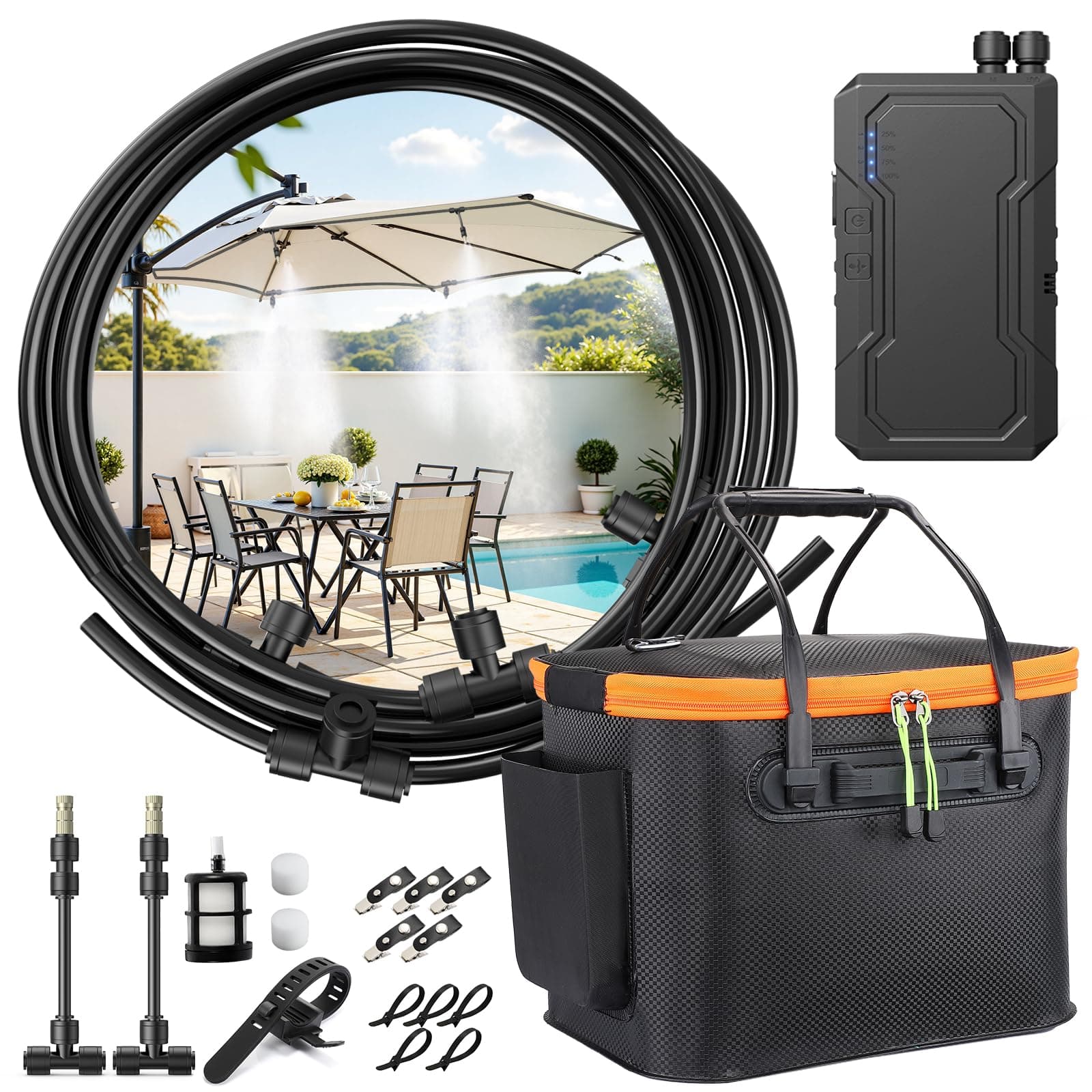 Ausic Portable Misting Systems, Outdoor Water Cooling Misters Set with 6000mAh Water Pump, 20L Bucket, 26FT (8M) Hose, 10*Clips/Ties for Sports/Patio/Umbrella/Pasture/Greenhouse/Canopy/Camping
