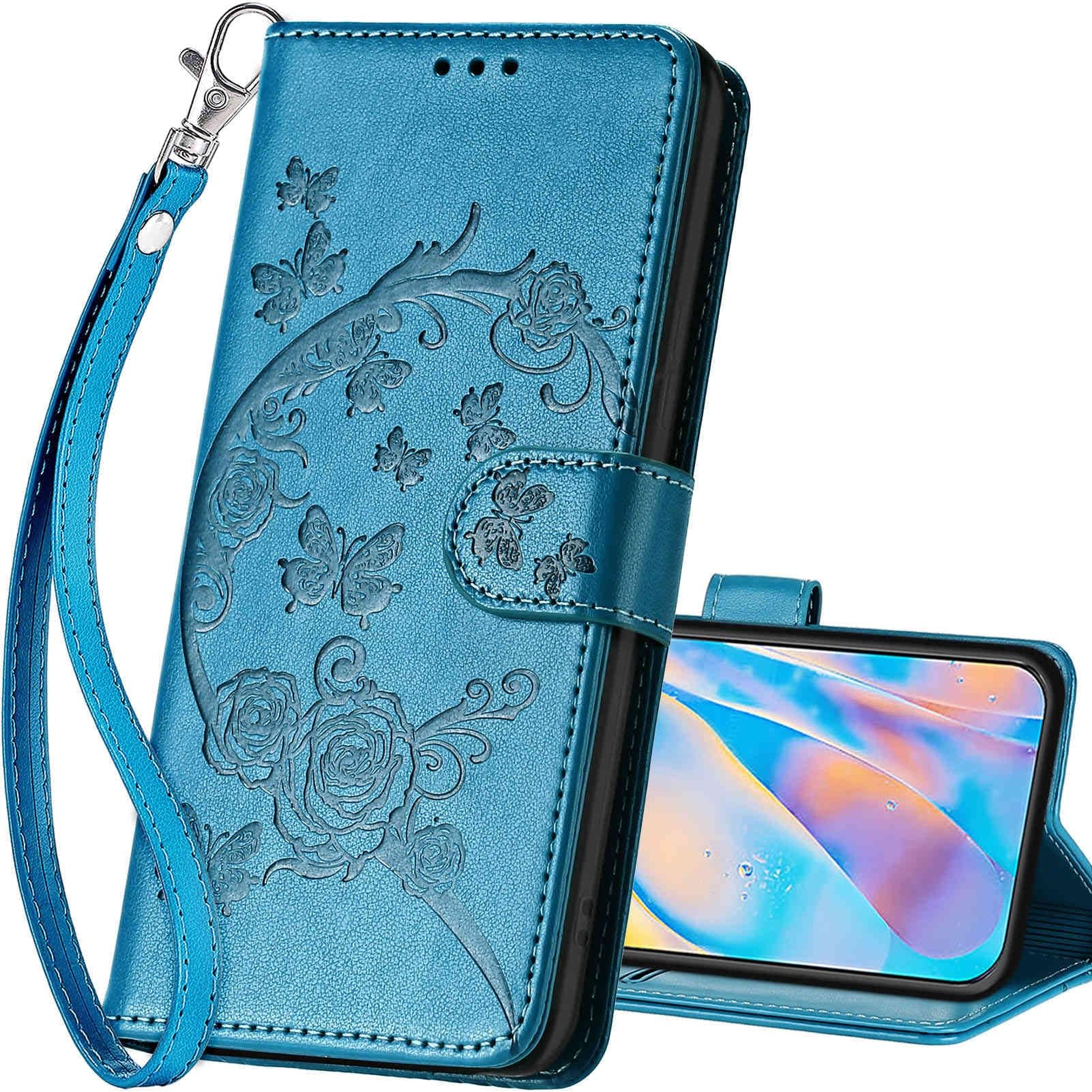 SASYMALY for iPhone 12 / iPhone 12 Pro Wallet case, Flip Folio Cover with Stand Feature for Women Men, PU Leather Phone Case Fit for iPhone 12 / iPhone 12 Pro 6.1'' [Blue-Flower]