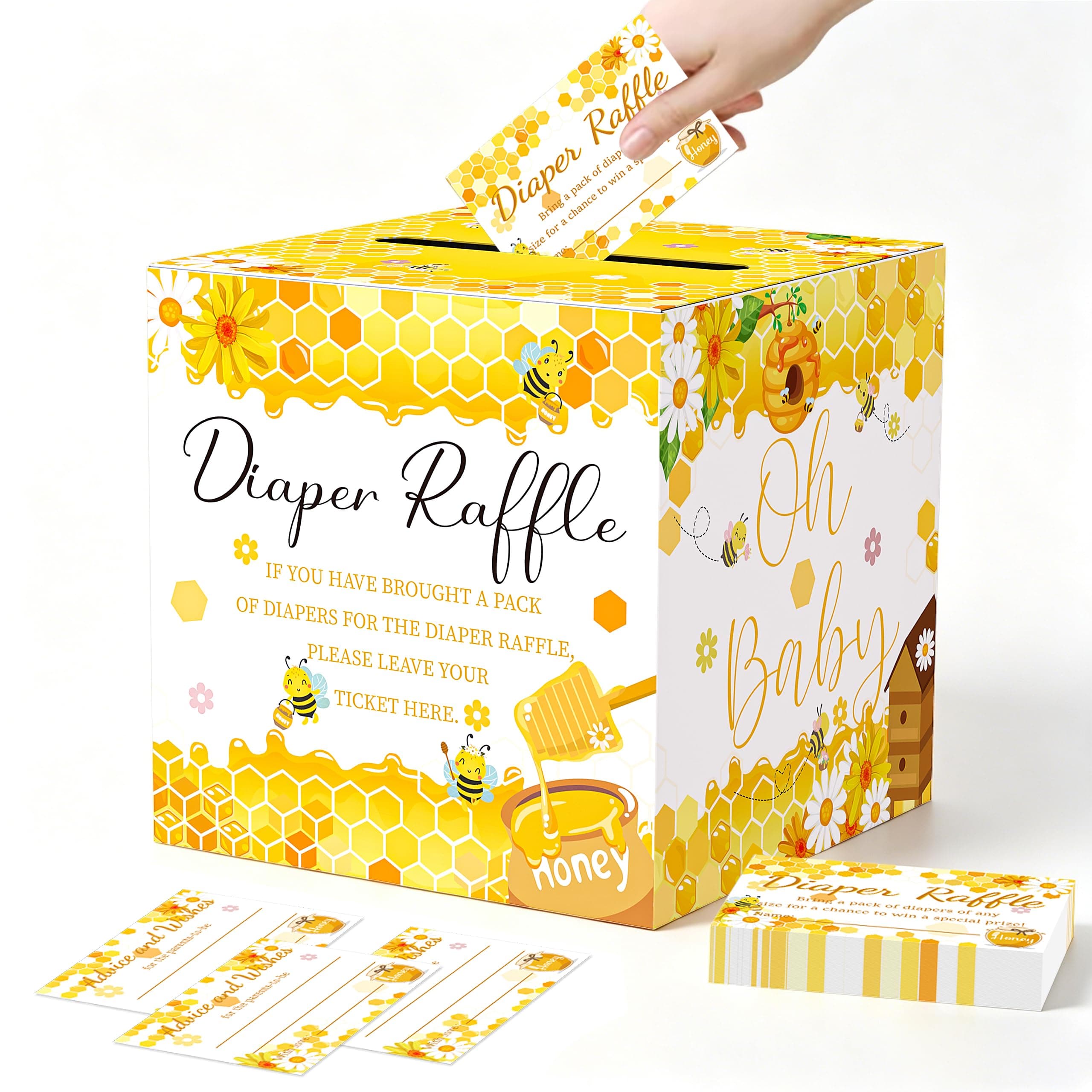 Bee Theme Diaper Raffle Tickets Card Box for Baby Shower, 50 Pcs Diaper Raffle Tickets with Advice and Wishes, for Gender Reveal Baby Shower Games, Diaper Raffle Box Party Decorations Supplies