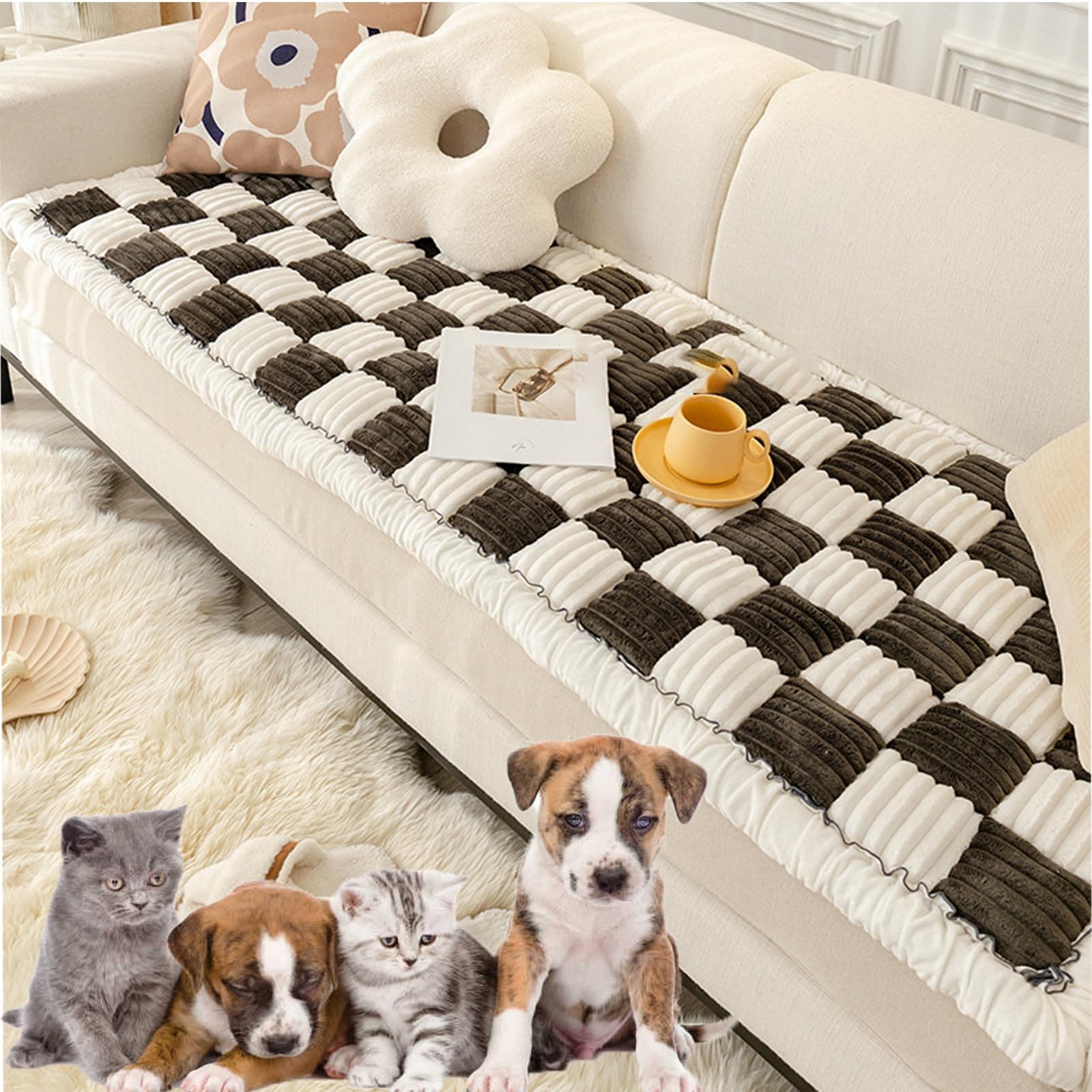 Zriechs 2024 New Funnyfuzzy Cream-Coloured Large Plaid Square Pet Mat Bed Couch Cover,Funny Fuzzy Couch Cover,Funny Fuzzy Pet Couch,Pet Bed Couch Cover (5#,60 * 60cm)