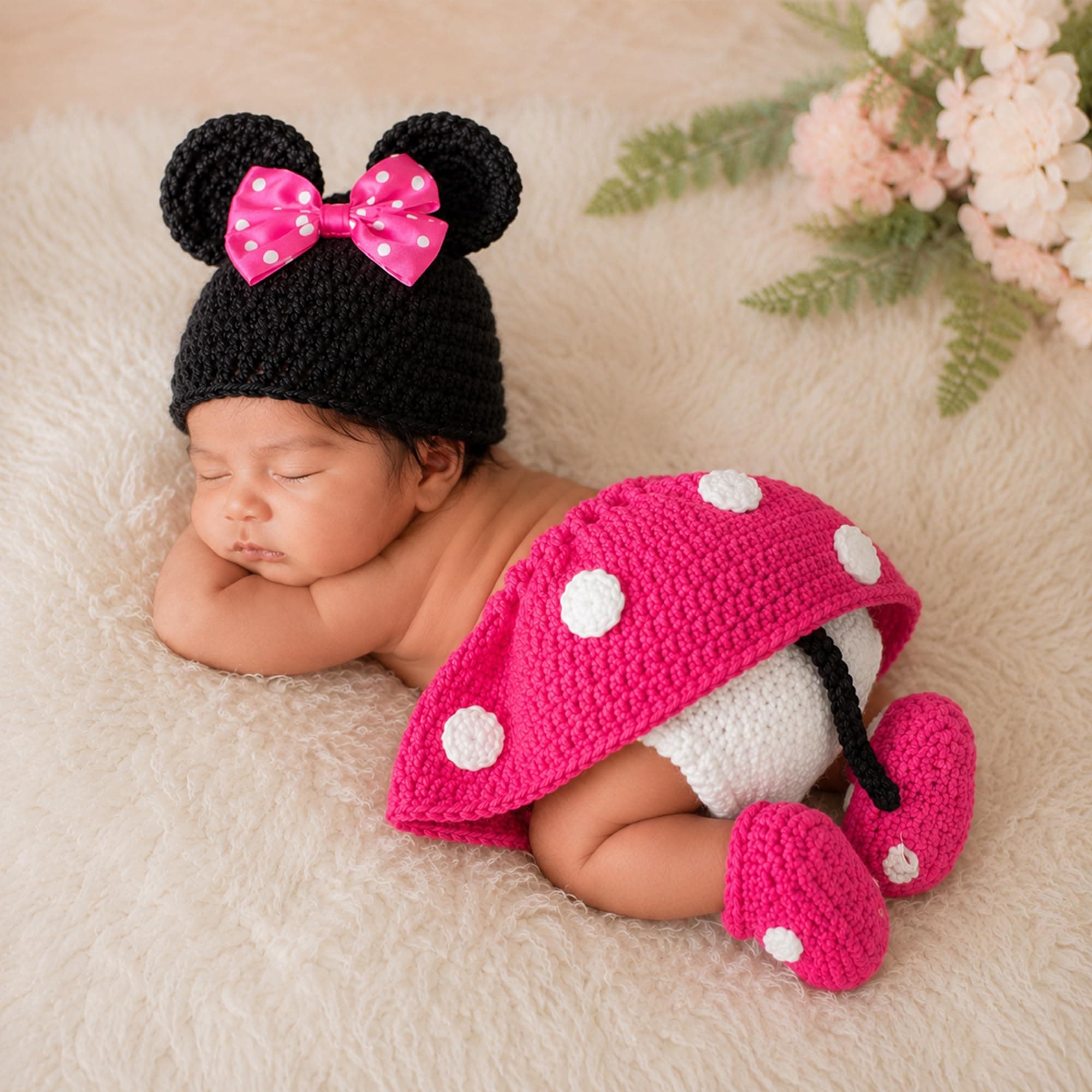 Babymoon Cartoon Crochet Born Baby Photography Shoot Props Costume - Set of 4 - Synthetic, Pink