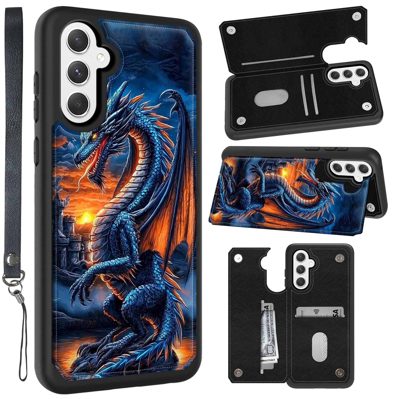 LYHXLYJH for Samsung Galaxy S25 Wallet Case with Card Holder & Wrist Strap,Kickstand Magnetic Clasp Back Flip Folio Leather Phone Case for Women Men 6.2"-Flying Dragon