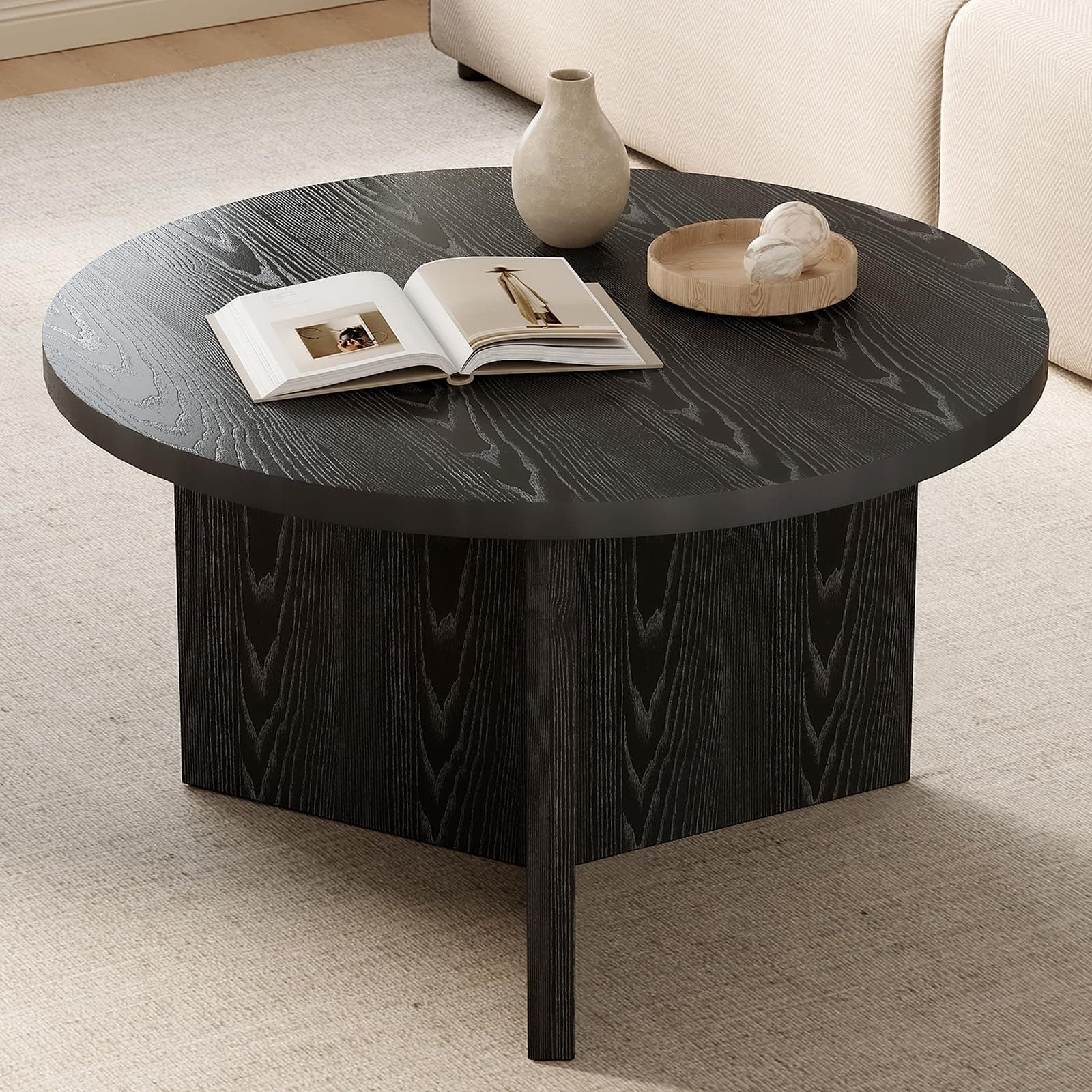 Luoxiao 27.5'' Small Round Coffee Table for Living Room Minimalist Center Table for Small Space Modern End Table with Adjustable Feet Pads Black, Wood Grain B