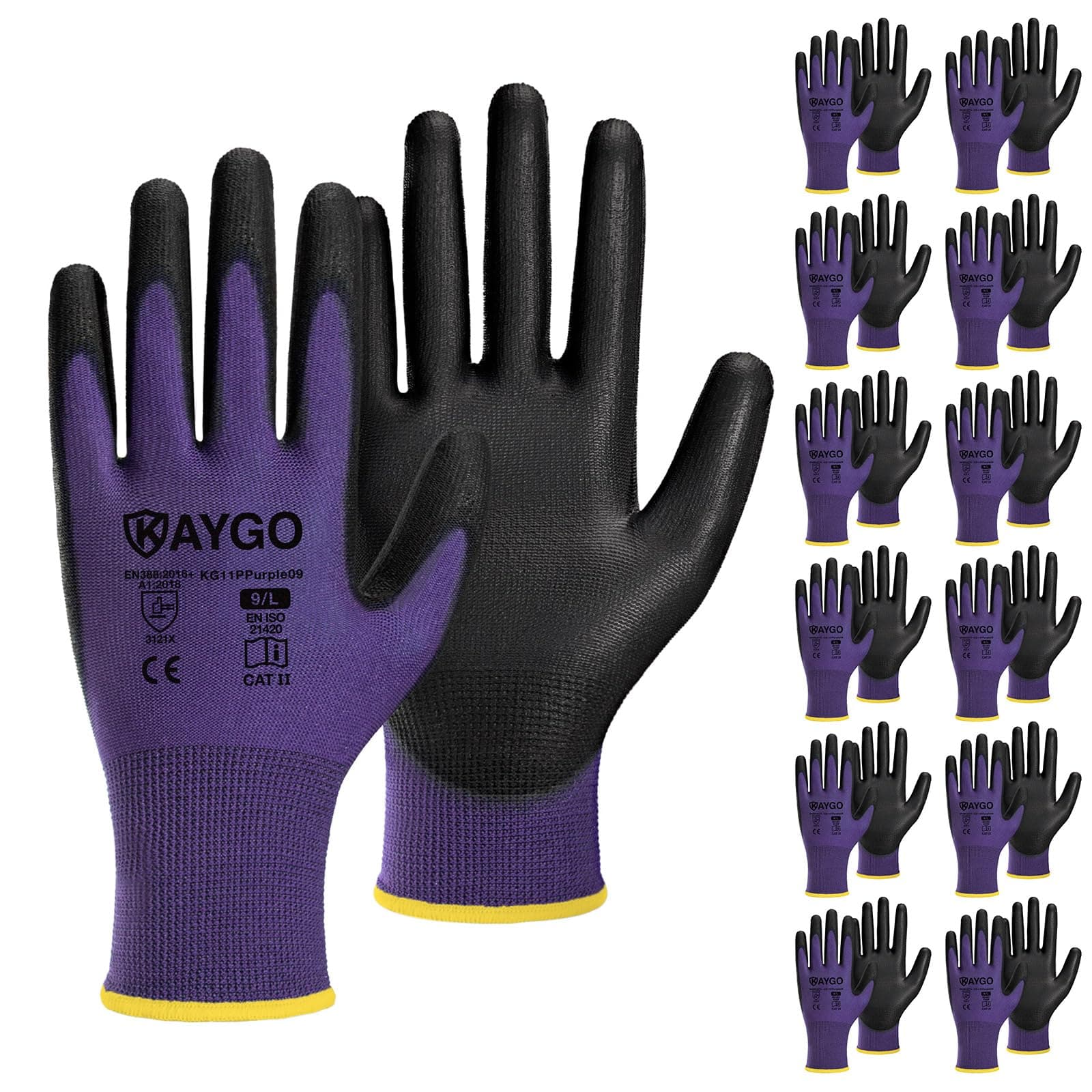 KAYGO Safety Work Gloves for Men Women, PU Coated Palm & Fingers, KG11P