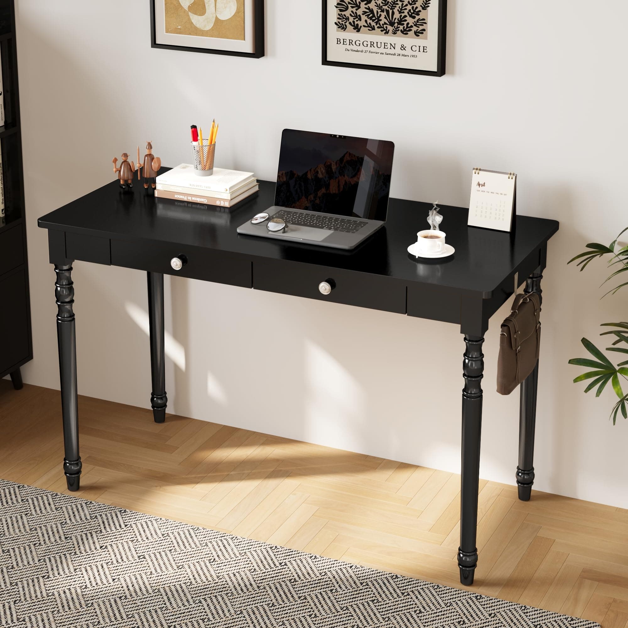 ENPKLUTE Solid Wood Desk with Drawers - 48 Inch Writing Desk with Drawers, Simple Modern Desk with 2 Hooks, Rubber Wood Study Table for Bedroom, Living Room & Office, Black Desks