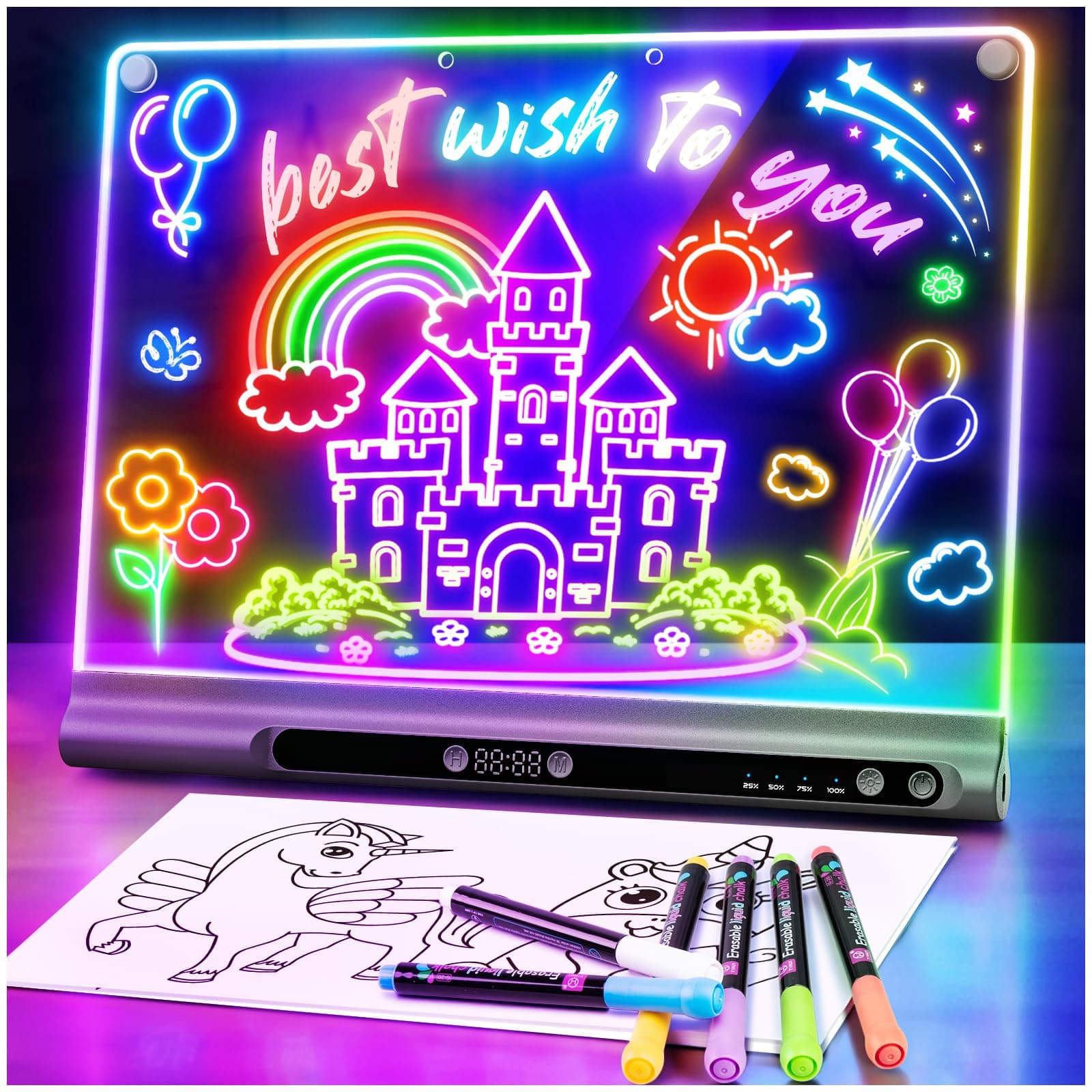 16" Rechargeable LED Drawing Board for Kids, 9 Neon Colors Light Up Dry Erase Art Board with Timer & Built-in Stand, Includes 6 Markers + Tracing Book, Glow Doodle Pad Gift for Kids, Girls & Teens