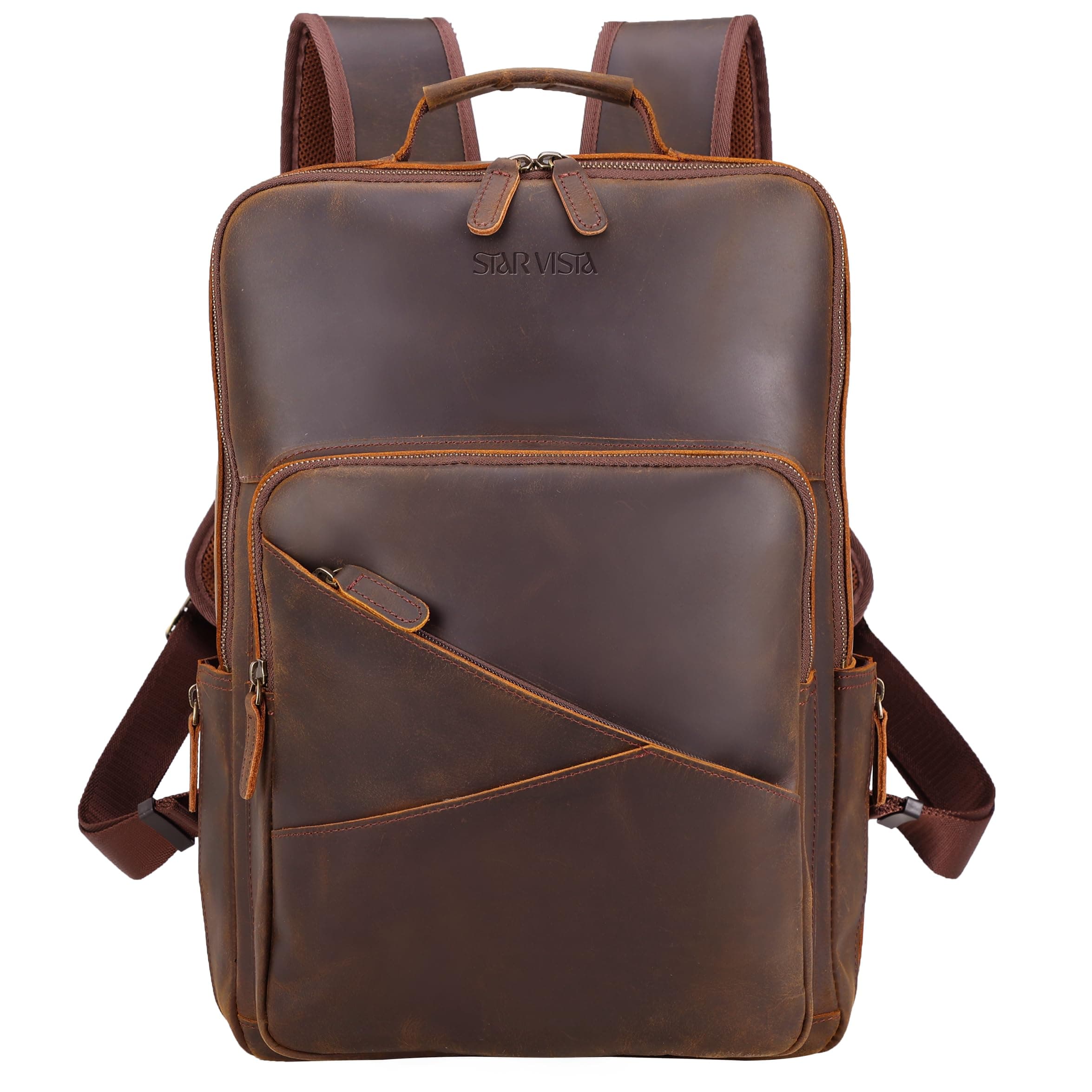 STAR VISTA 15.6" Trajan Vintage Full Grain Leather Laptop Backpack for Men, Multi Pockets, Casual Outdoor Business Travel Rucksack, YKK Zippers, Dark Brown, Dark Brown, 17.3", Classic, Casual