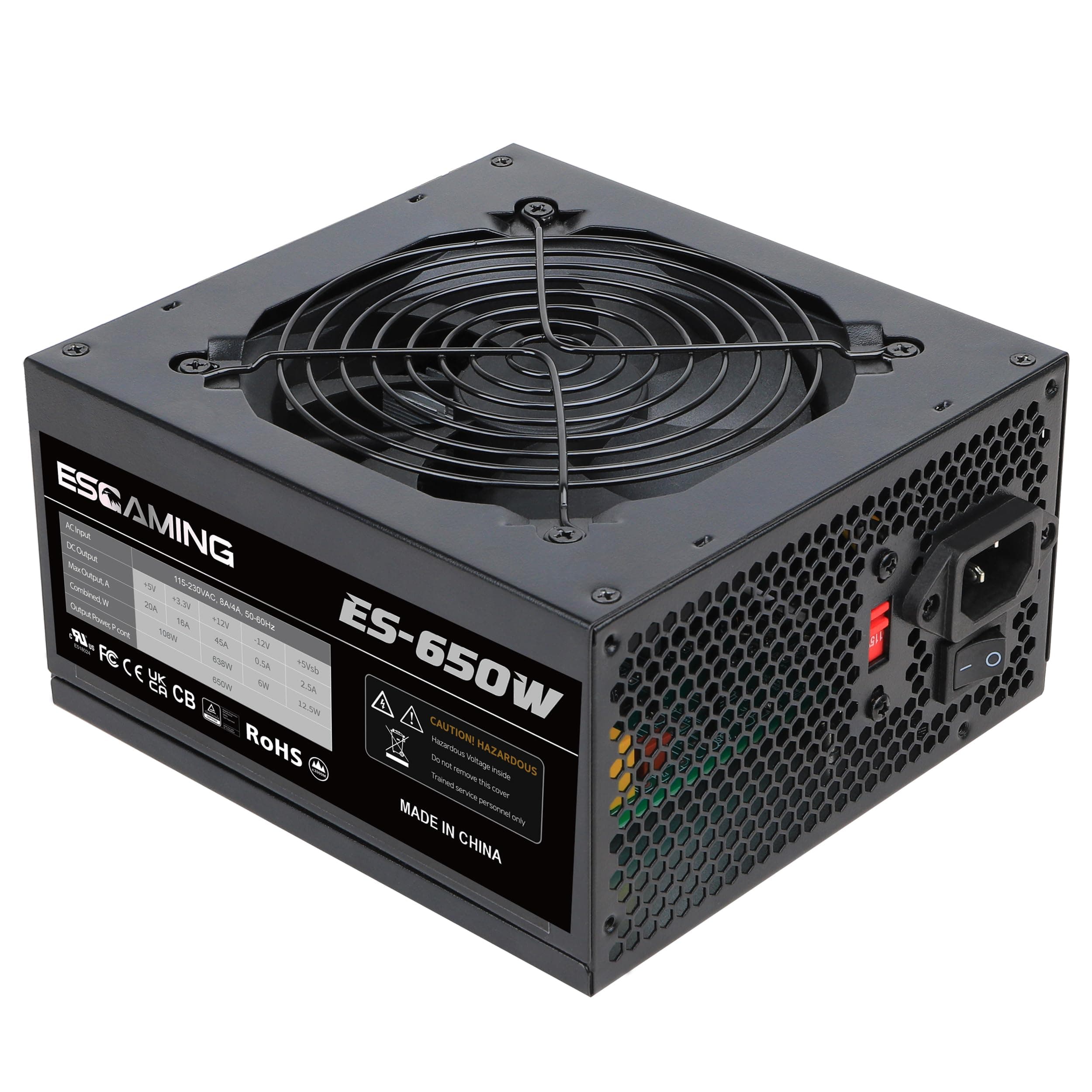 ESGAMING 650W Non Modular Power Supply with Low-Noise 120mm Fan ATX PSU, 115/230 Voltage Switch PFC Protection
