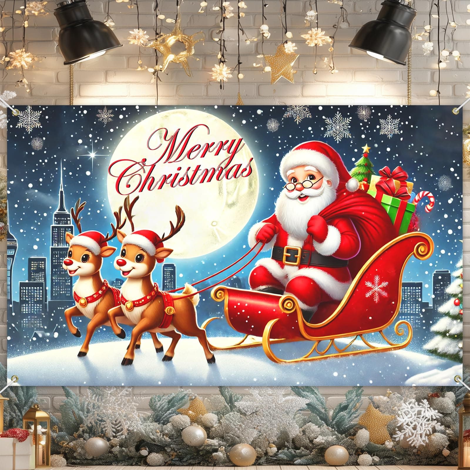 BlissYard Merry Christmas Banner 71x43 Inch Santa Backdrop Claus Sleigh Reindeer Winter Wonderland Snowflakes Christmas Decorations Holiday Party Wall Art Large Polyester Fabric Banner Backdrop
