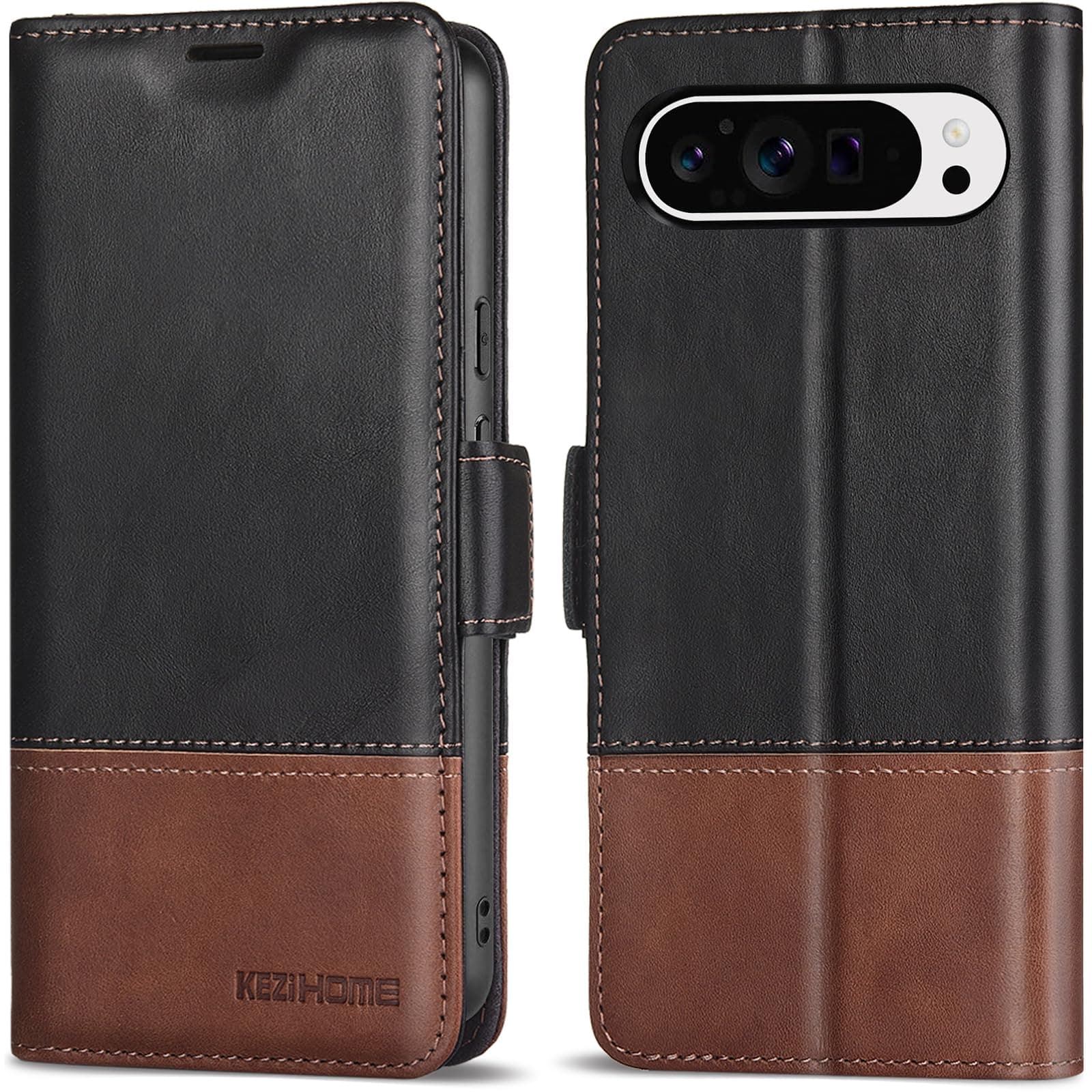 KEZiHOME Case for Google Pixel 9 Pro XL, Genuine Leather [RFID Blocking] Wallet Case with Card Holder Kickstand Magnetic Flip Protective Cover Compatible with Google Pixel 9 Pro XL 5G (Black/Brown)