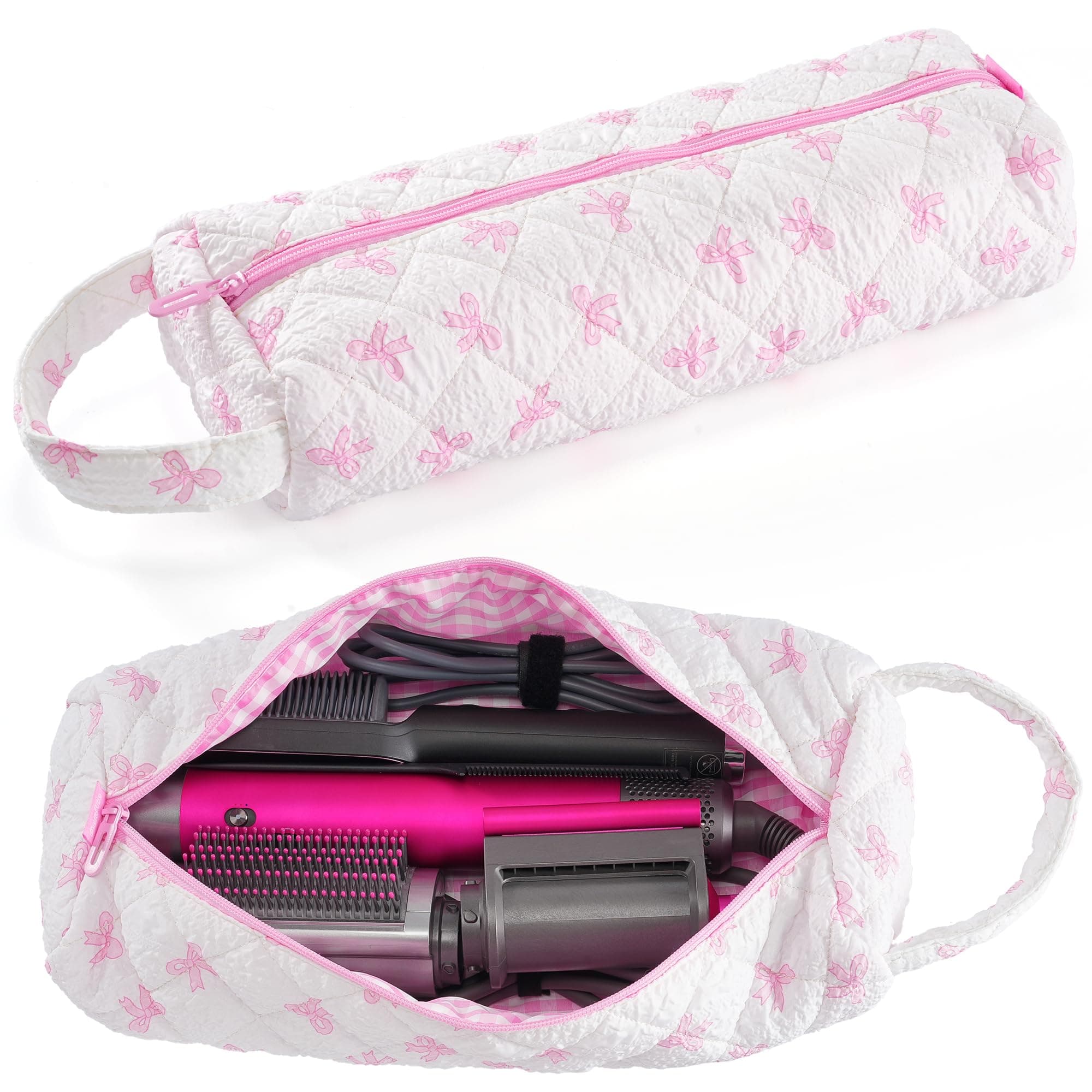 UUYUUY Hair Tools Travel Bag, Quilted Hair Tool Bag for Dyson Airwrap & Shark FlexStyle, Hair Dryer & Curling Iron Storage Organizer Portable Travel Case for Styling Accessories, Pink Bow