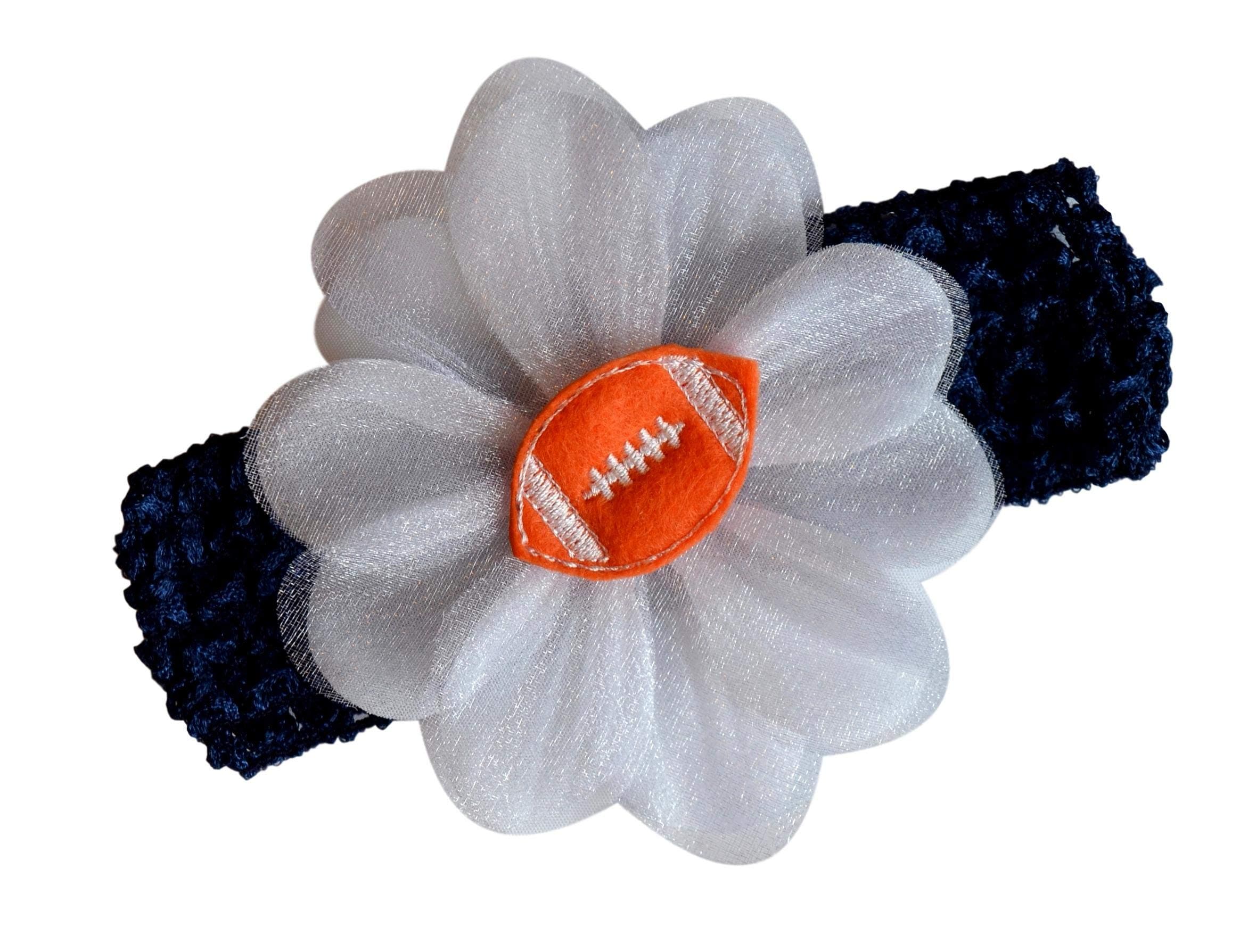 Funny Girl Designs Baby Embroidered Felt Football Flower Headband (Navy Band/Orange Ball)