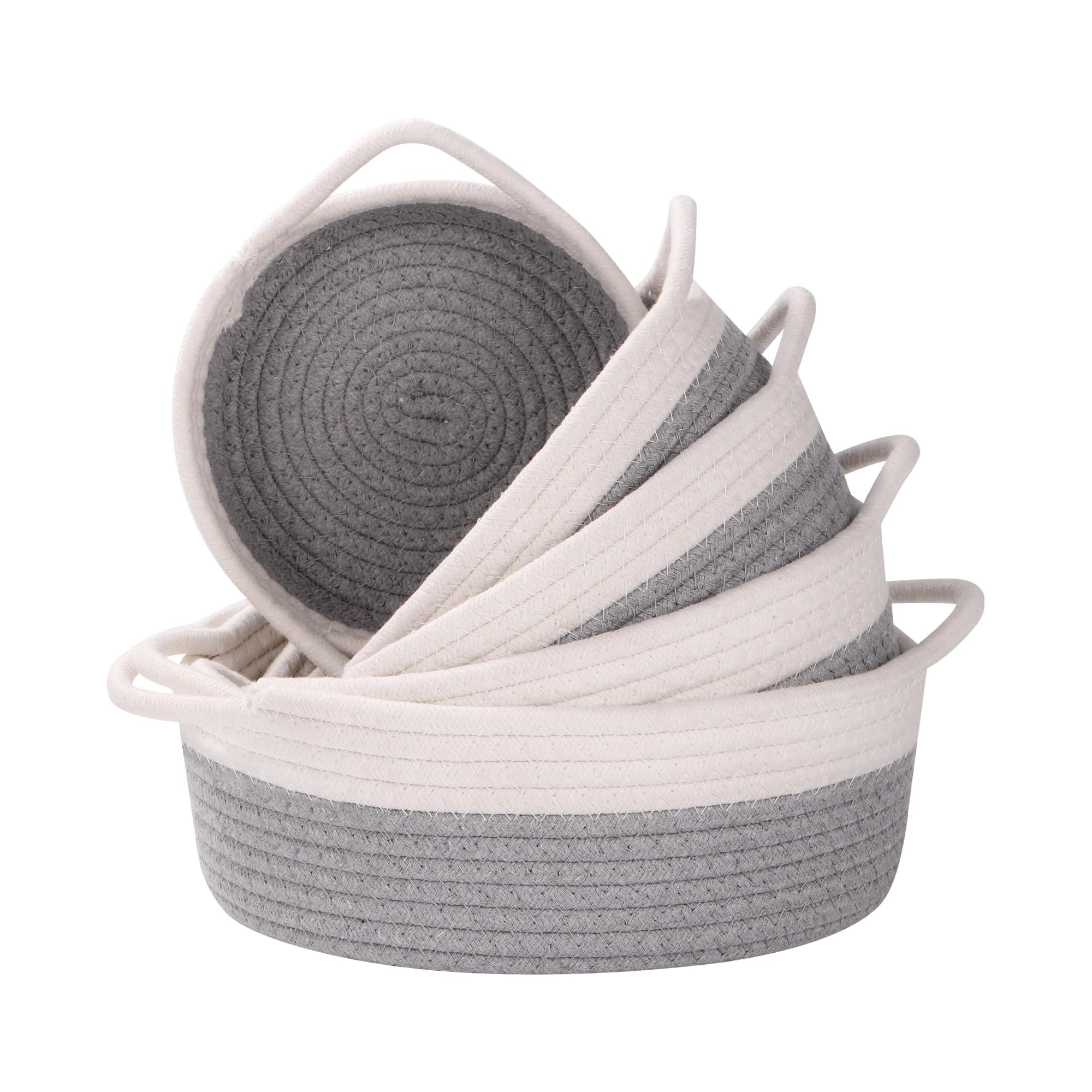 5 Set Small Storage Woven Baskets Shelves Natural Cotton Rope Bins with Handle Toilet Tank Paper for Countertop Cute Gifts Organizing Mini Nursery box (White & Gray)