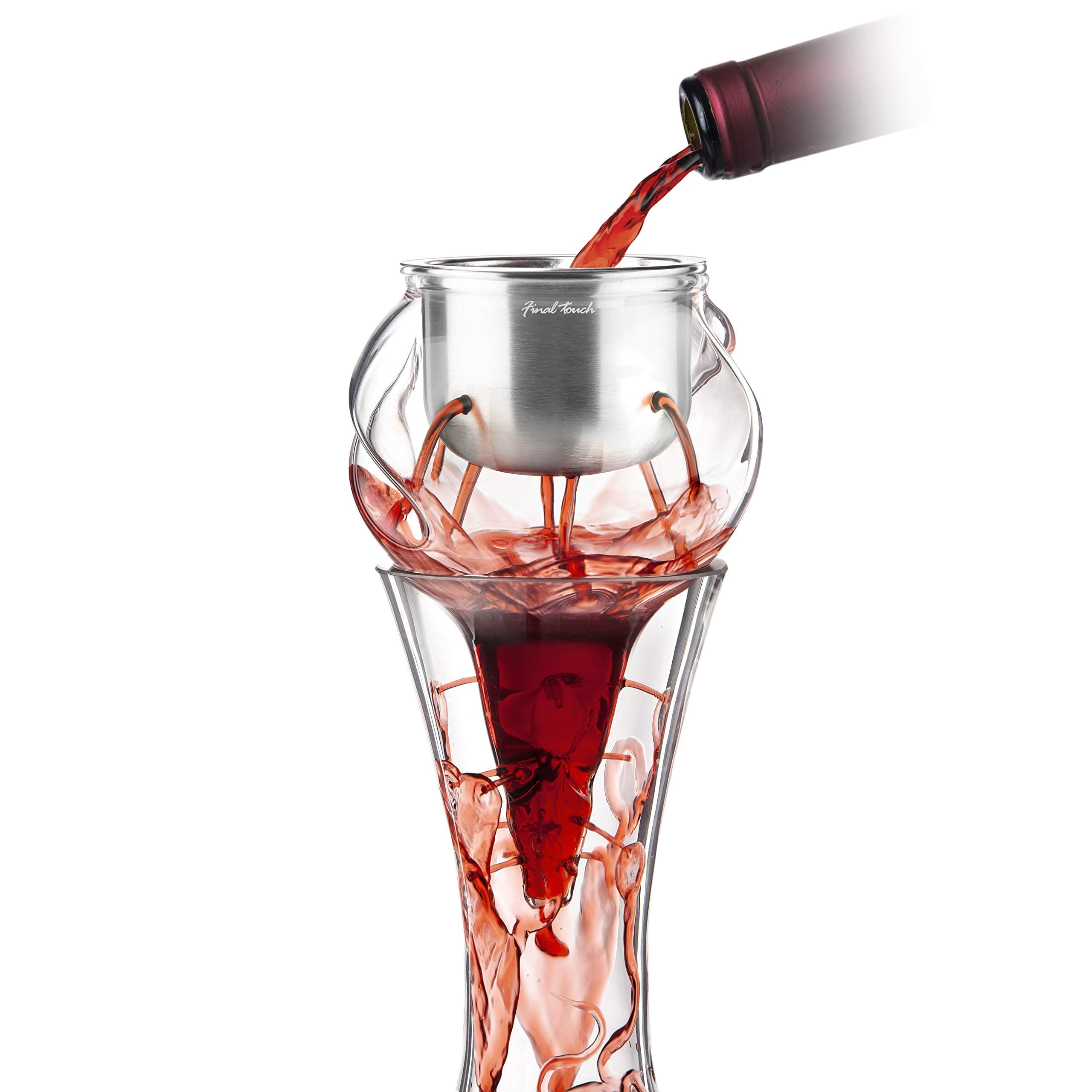 Final Touch Conundrum Stainless Steel Wine Decanter Aerator - Instant Oxygenation, 3 Phase Aeration System, Sediment Filter, Fits Angled & Straight Decanters (WDA595)