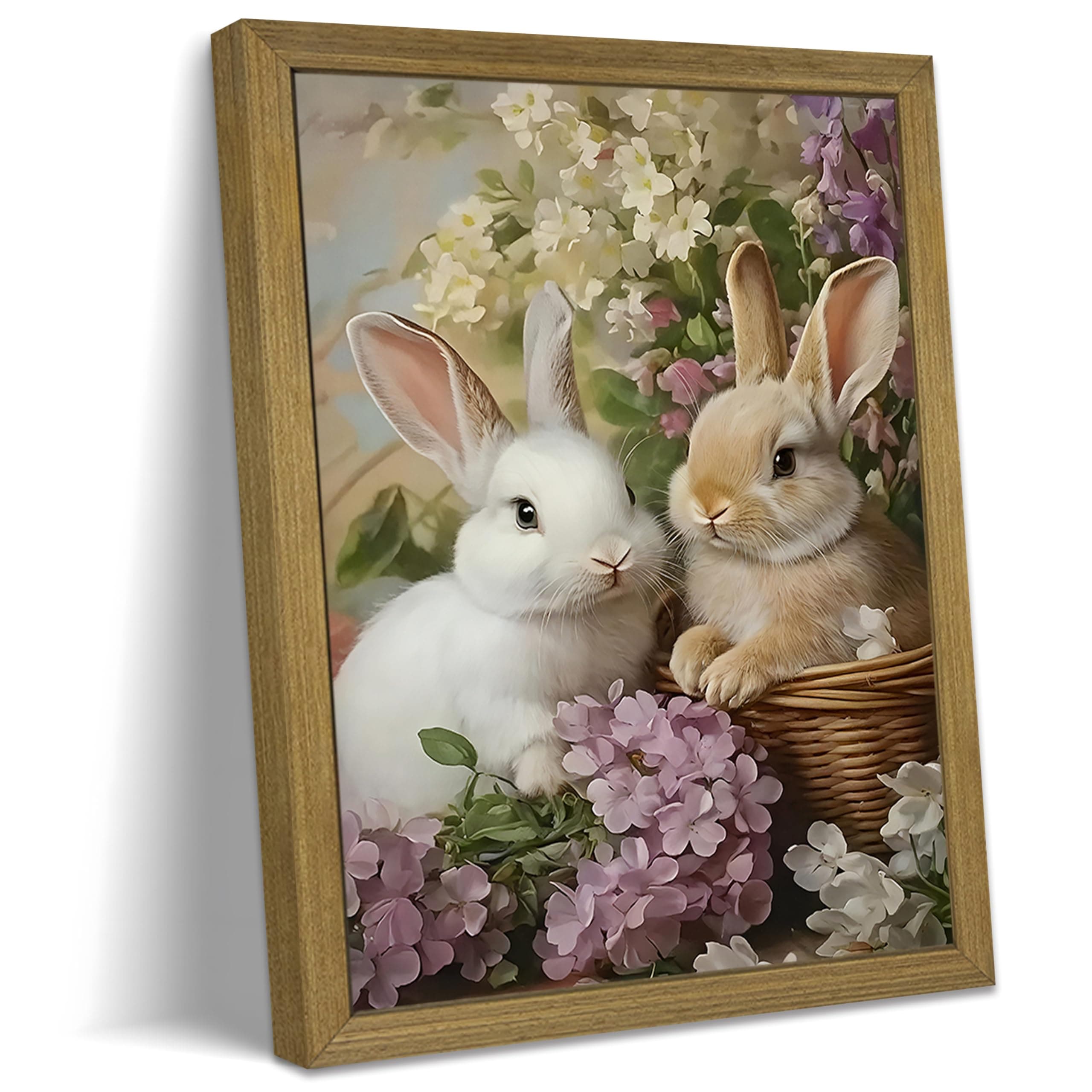 SAMHOU Easter Two Bunny Flower Basket Wall Art 16x24 inches
