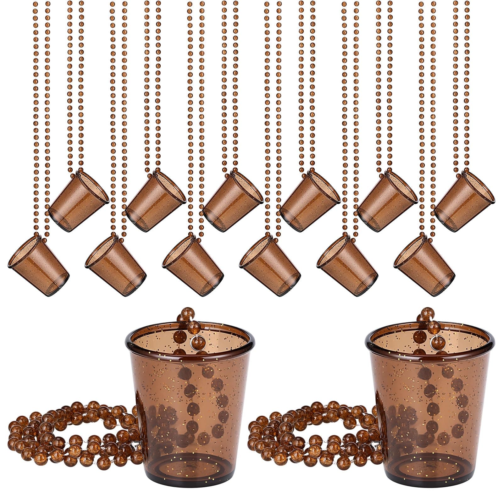 Misdary 12 Pcs Shot Glass Necklaces Brown Clear Shot Cups on Beaded Necklace Disposable Plastic Cups for Birthday Wedding Festival Party Bride Supplies